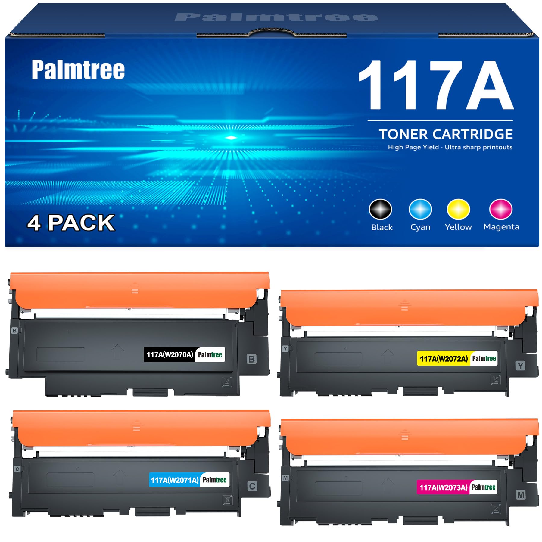 Palmtree 117A Cartouche de Toner 117A Compatible pour Toner Color Laser MFP 178nw Toner 178nwg 179fwg 179fnw 150nw 150a MFP 178nwg W2070A W2071A W2072A W2073A Noir Cyan Jaune Magenta 4-Pack