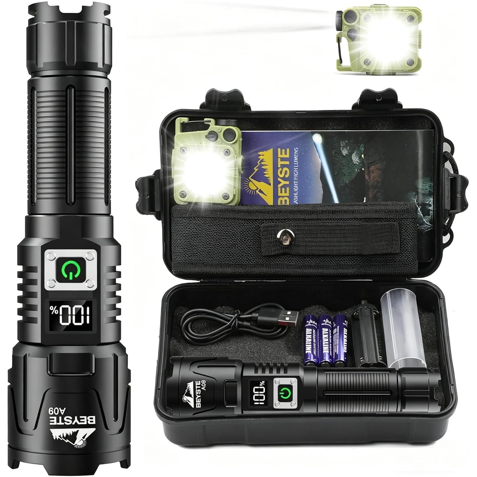 BEYSTE Lampe Torche LED Ultra Puissante 1,000,000 LM, 50W – 1520m Portée | Lampe Torches Rechargeable USB C, 3 Modes Chip XHQ99.2 Puissante Flashlight IPX6 Étanche Pour Camping Randonnée Urgence