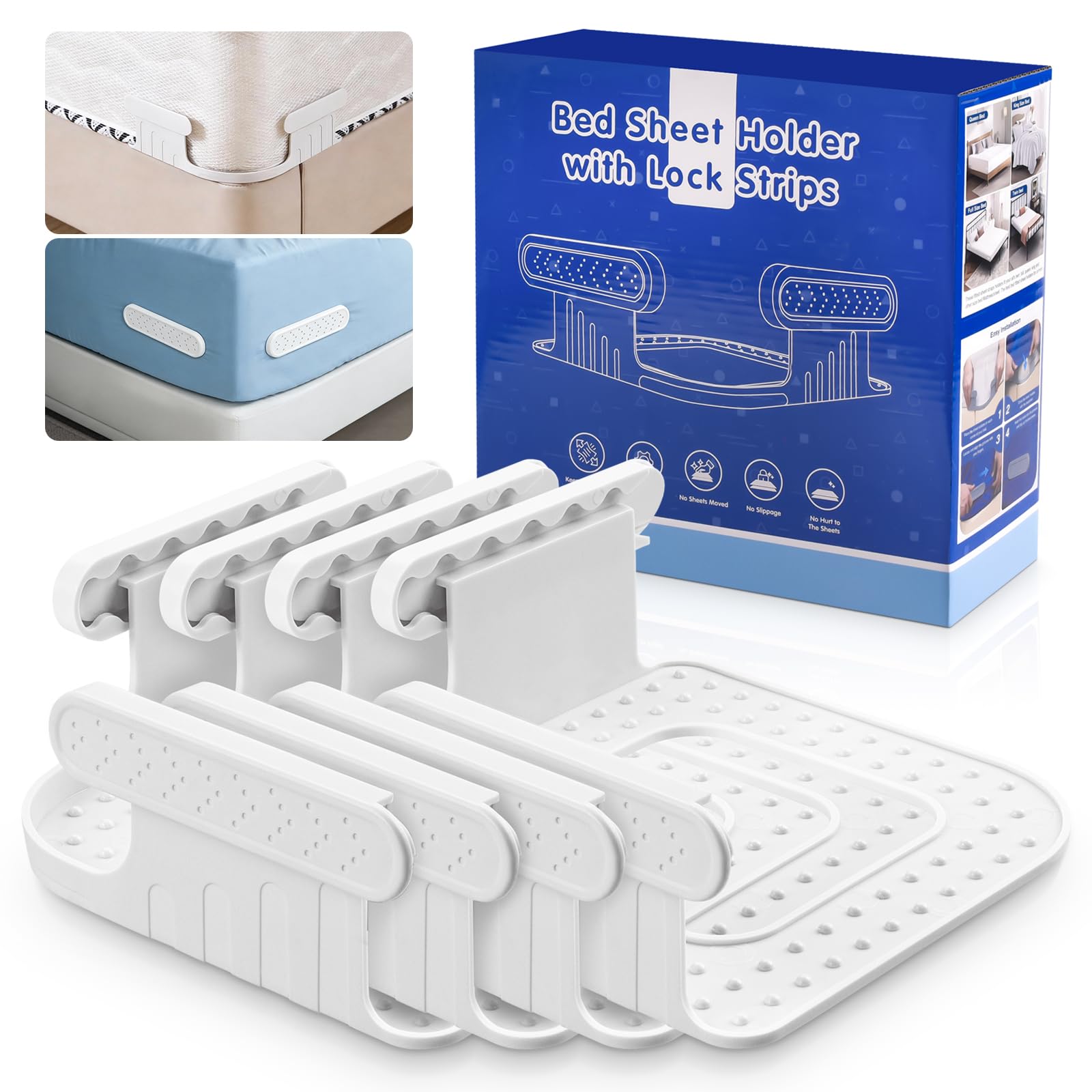 Vallavin Lot de 4 Attaches pour Drap‑Housse Universels avec Bandes de Verrouillage, Installation Simple, Empêche Le Glissement des Draps, Convient à Tous Les Matelas (Blanc)
