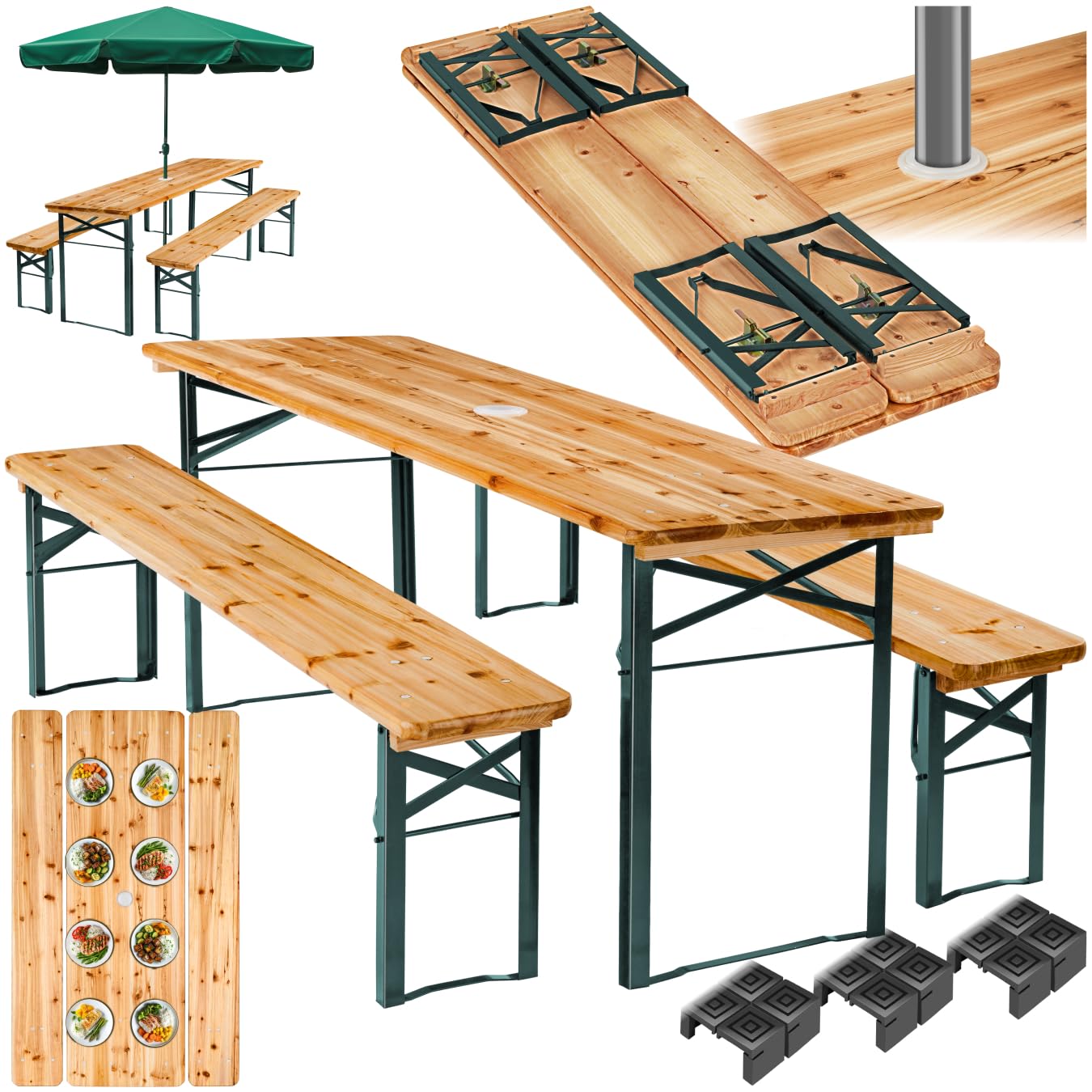 tectake® Ensemble de Brasserie pliable, 1 Table et 2 Bancs, Support parasol | Table 170 x 46 x 78 cm, Banc 170 x 23 x 47,5 cm, Bois de Sapin verni, Capacité Table 100 kg / Banc 300 kg, Cadre en Acier