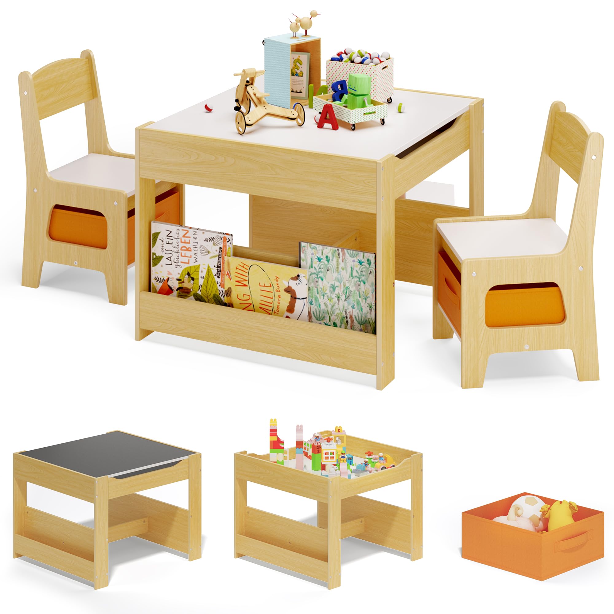 Xbro Table Enfant avec 2 Chaises, 4 en 1 Table de Dessin avec Plateau Réversible et Tableau Noir, Petit Bureau Enfant avec 2 Boîtes de Rangement Amovible, Étagères à Livres, Naturel
