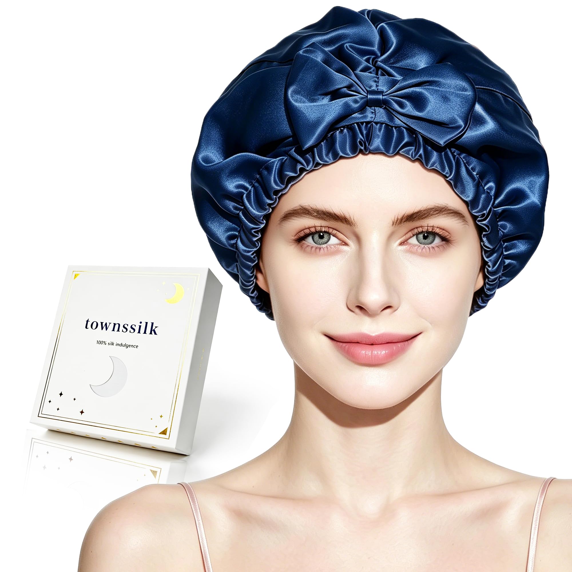 townssilk Bonnet de sommeil en soie pour femme, 100 % soie de mûrier 22 mommes, double couche, réglable, antidérapant, maintien sûr, bonnet de sommeil pour cheveux bouclés et longs