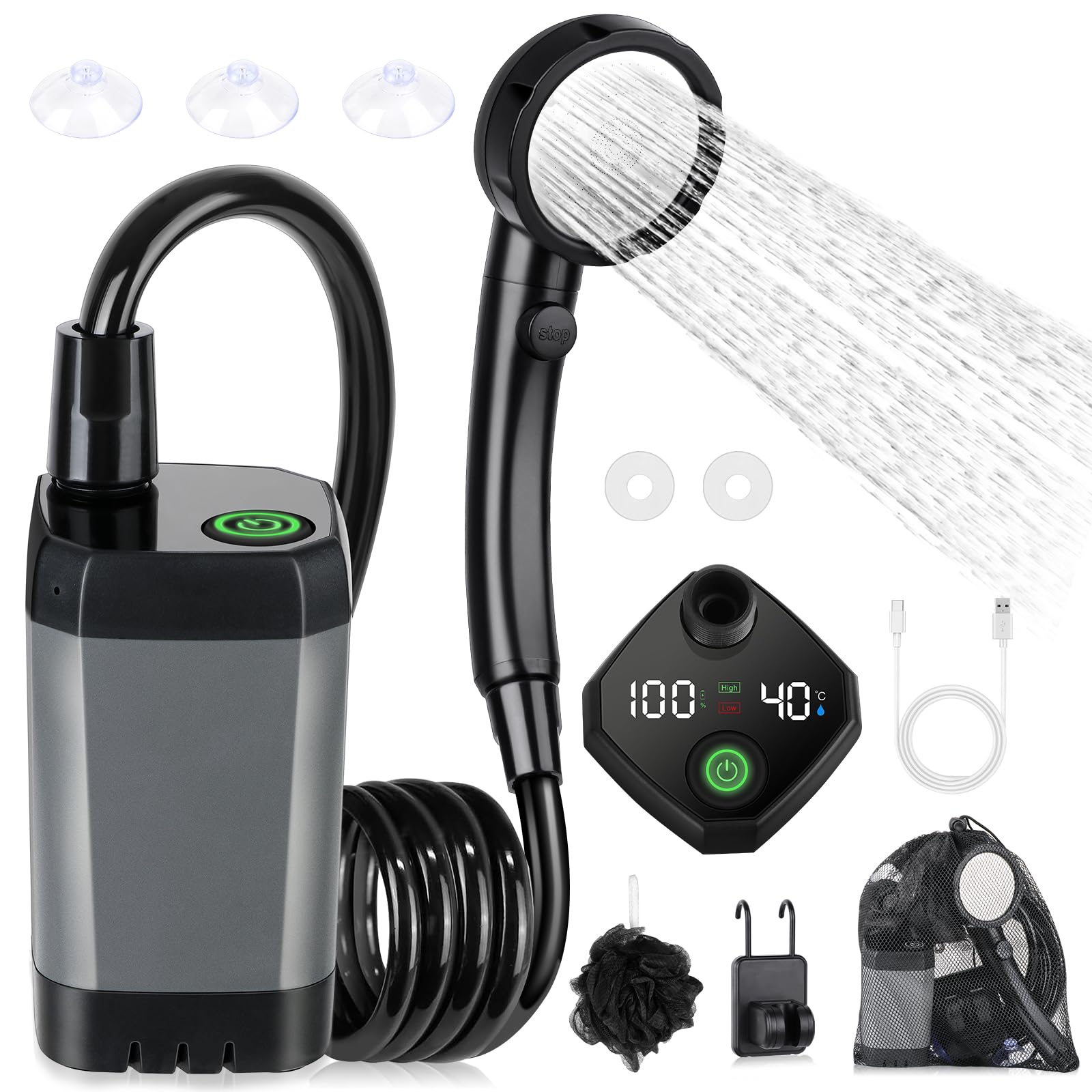Spopal Kit Douche de Camping,Rechargeable,Imperméable,6000mAh | Douche Portable,avec Afficheur Intelligent et Pomme de Douche 4 Modes pour Extérieure,Camping,Randonnée,Voyage