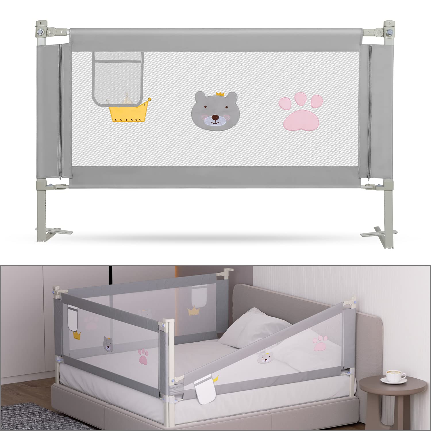 Tubiaz 150CM Barrière de lit pour bébé, Barrière de lit Enfant Protection Contre Les Chutes, Réglable en Hauteur, Barrière de lit avec Filet aéré, Facile à Monter, Gris Brodé
