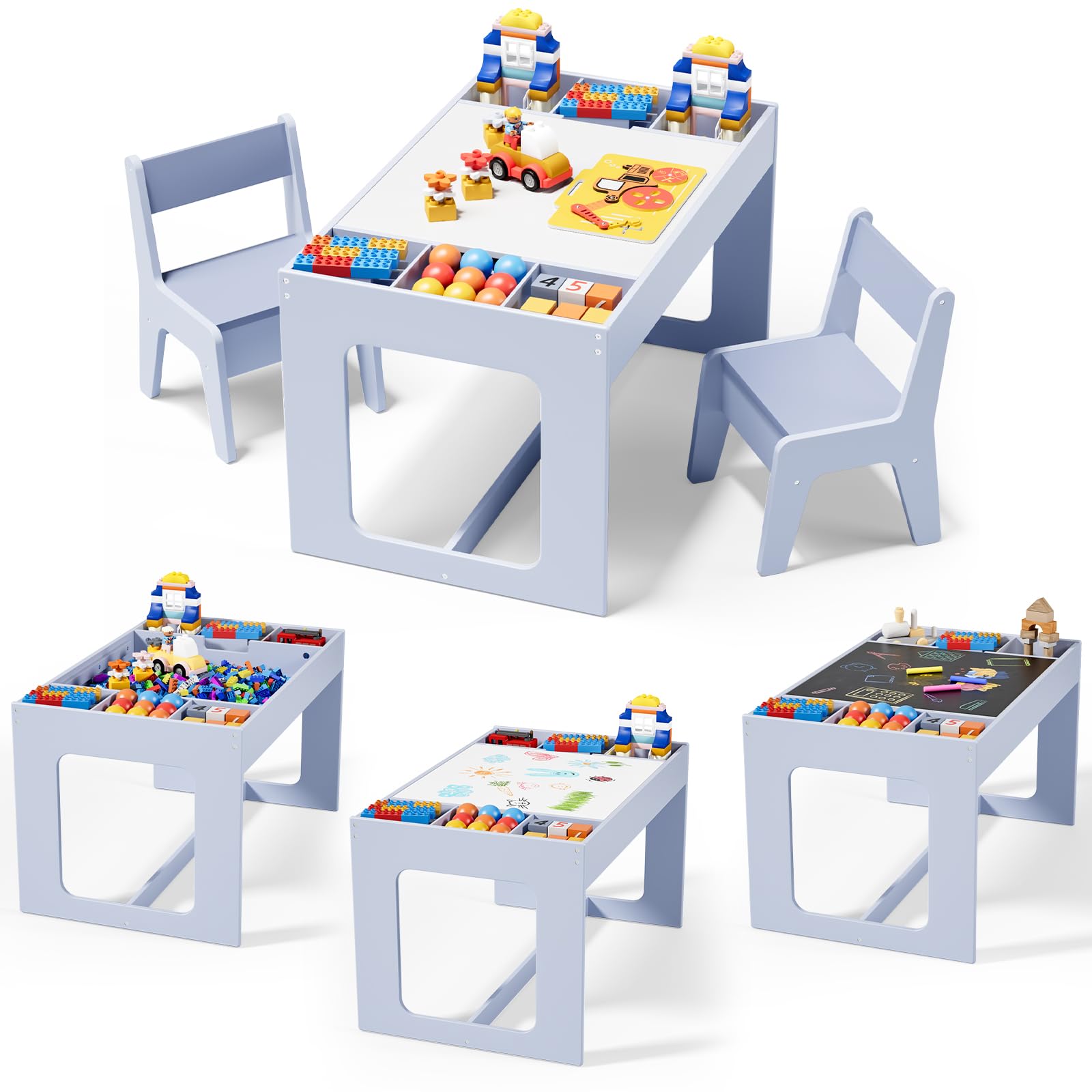MAMIZO Table Enfant avec Rangement, Table Enfant en Bois avec 2 Chaises | Bureau Enfant avec Plateau de Réversible, pour Garderie 'école, Dessiner & Jouer & Etudier & Manger, pour 3 Ans +, Bleu