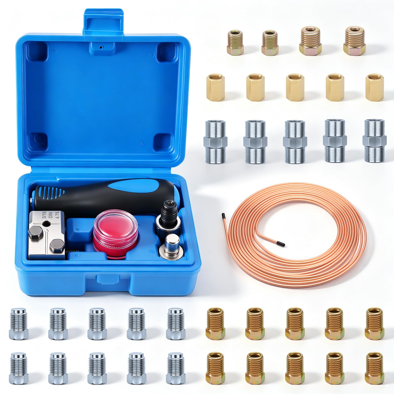 Outils D'évasement de Tuyaux de Freins DIN, 7,62m Ø 4,75 mm (3/16") Outil de Dudgeonnage Double pour Conduite de Frein avec 26 Connecteurs +5*SAE & 5*DIN Raccords, pour Tuyaux en Voiture, Camion