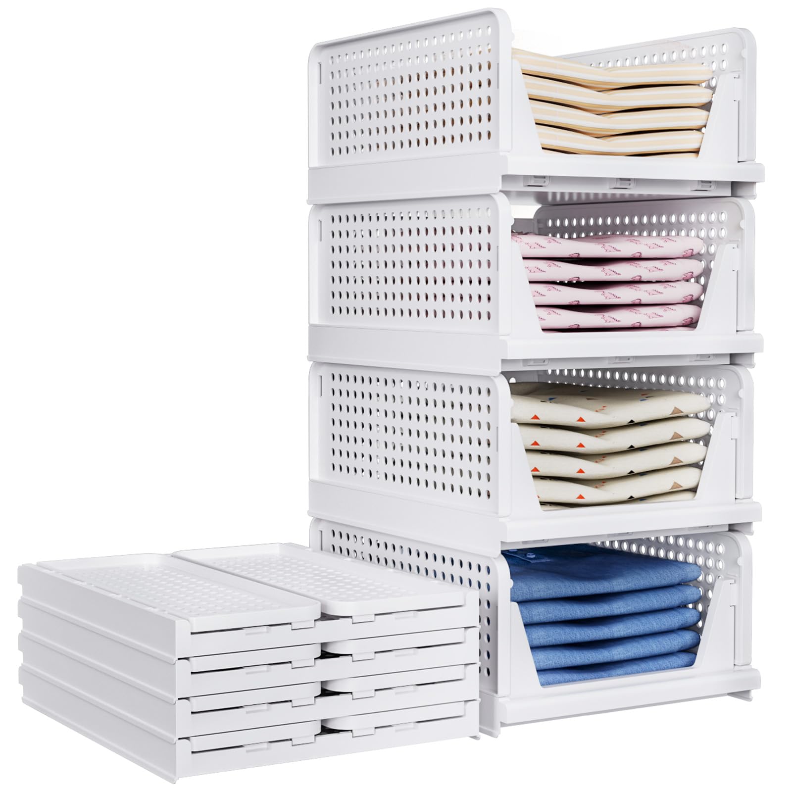 Rangement Vetement, Plastique Organisateur Armoire Vetement, Lot de 8 | Tiroir Placard, Boite Rangement Plastique Empilable pour Placard, Chambre à Coucher, Salle de Bain, Cuisine, 8L Tiroir Blanc