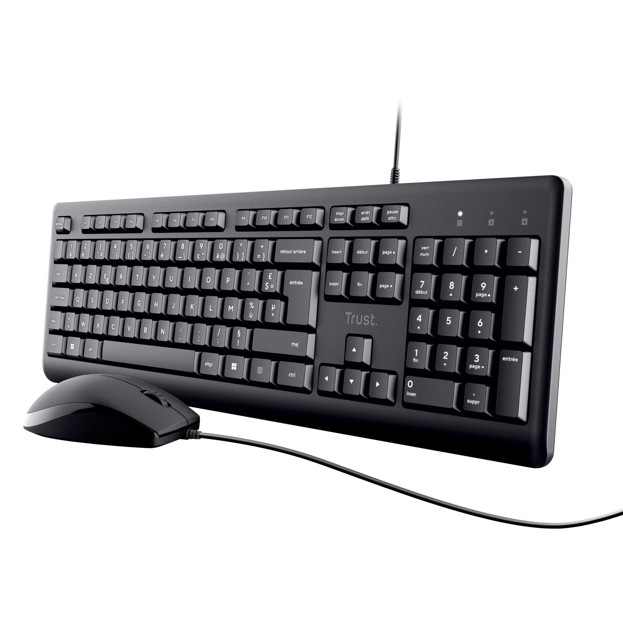 Trust Taro Pack Clavier et Souris Filaires AZERTY Français, Noir | Résistant aux Éclaboussures, Silencieux, Câble USB de 1.8 m, Clavier PC Portable Ordinateur Windows Mac