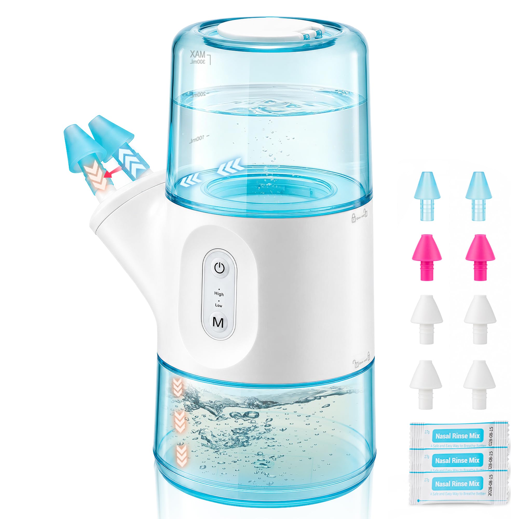 Irrigateur Nasal Portable Double Réservoir D'eau de 300 ml, 2 Modes | Rhinophare Nettoyeur Nasal, Lavage Nez 40 Sachets de Sel Pour Lavage Nasal et 8 Embouts de Rechange