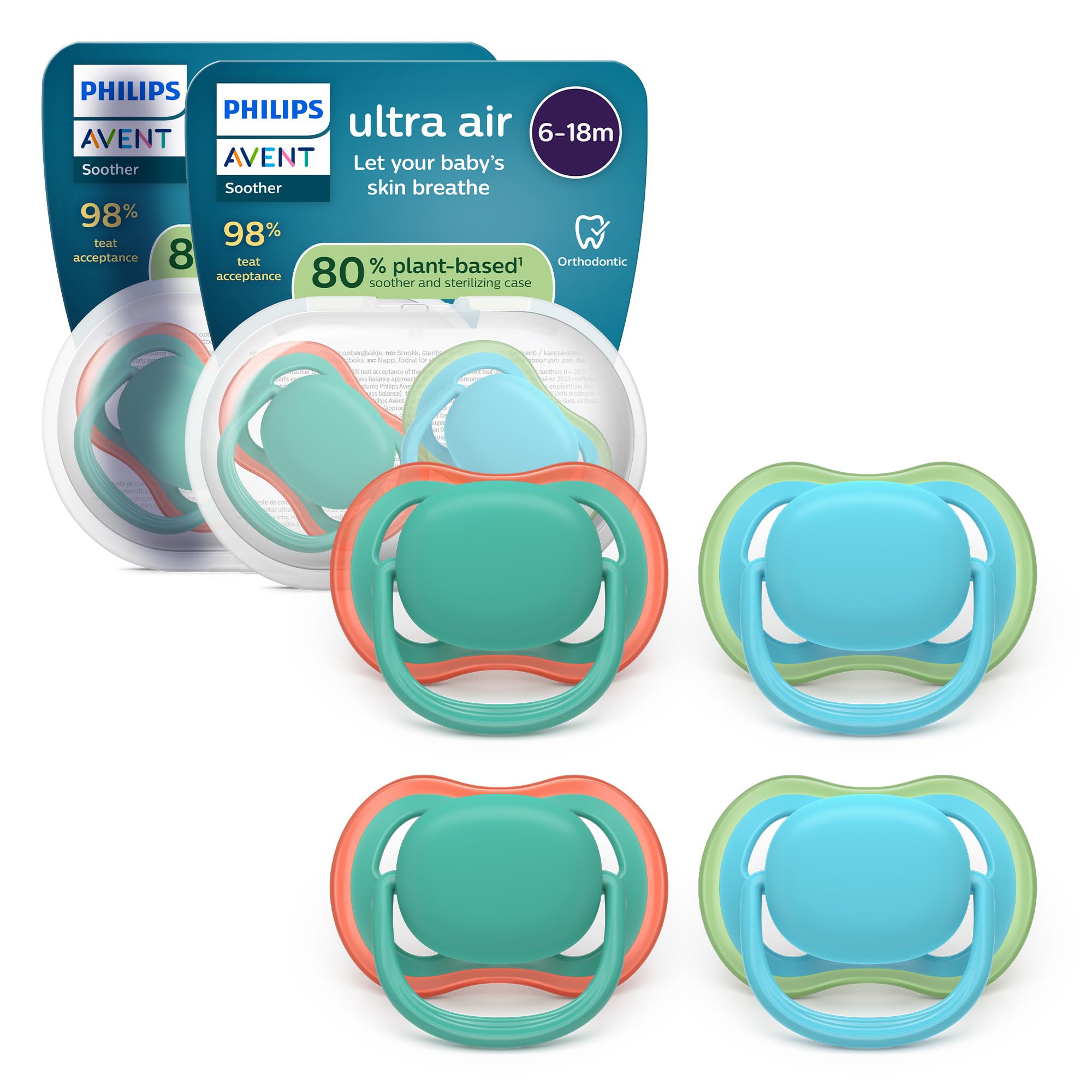 Philips Avent Sucettes ultra air - Tétines orthodontiques, pour bébés de 6 à 18 mois, en silicone souple d'origine végétale, sans BPA, avec 2 étuis de stérilisation, lot de 4, SCF087/24