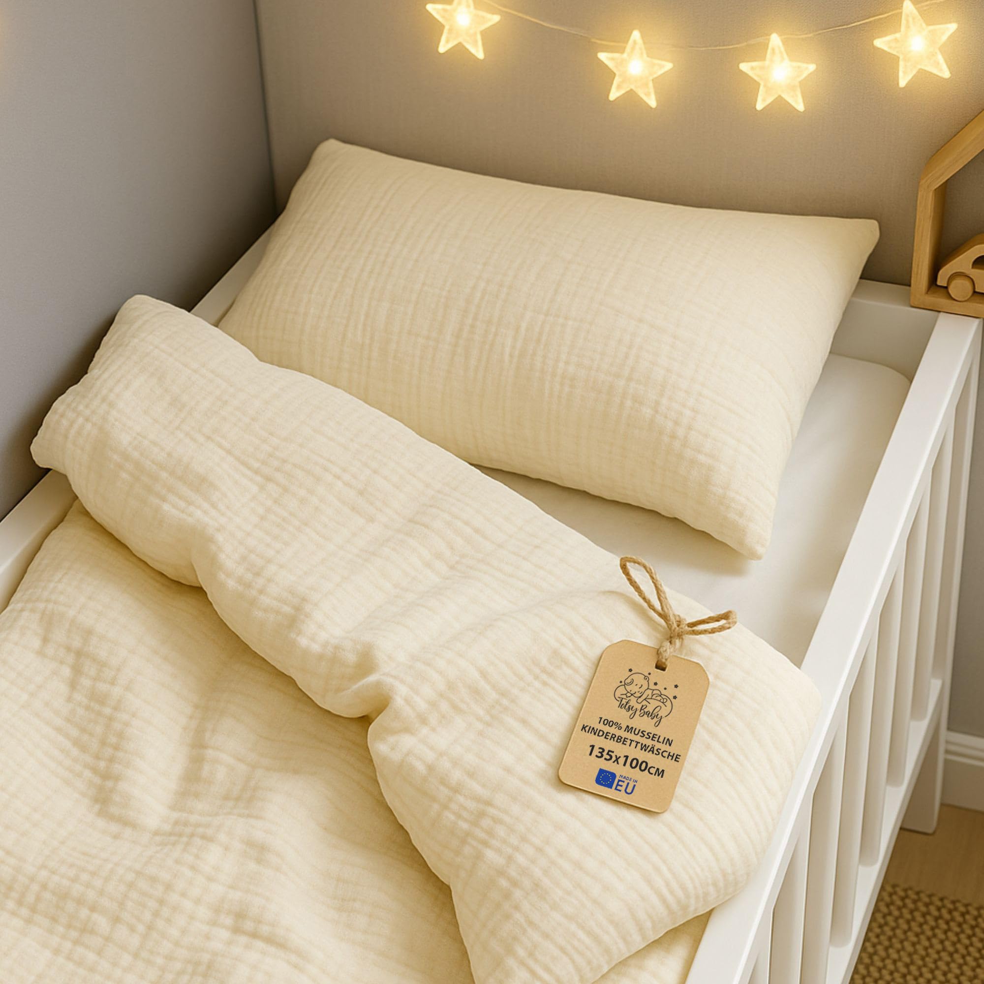 Housse de Couette Bébé 90x120 cm Mousseline avec Fermeture Éclair | Parure de lit enfant avec taie d'oreiller 40x60 pour garçon et fille certifié Oeko-Tex chambre respirant léger Beige clair