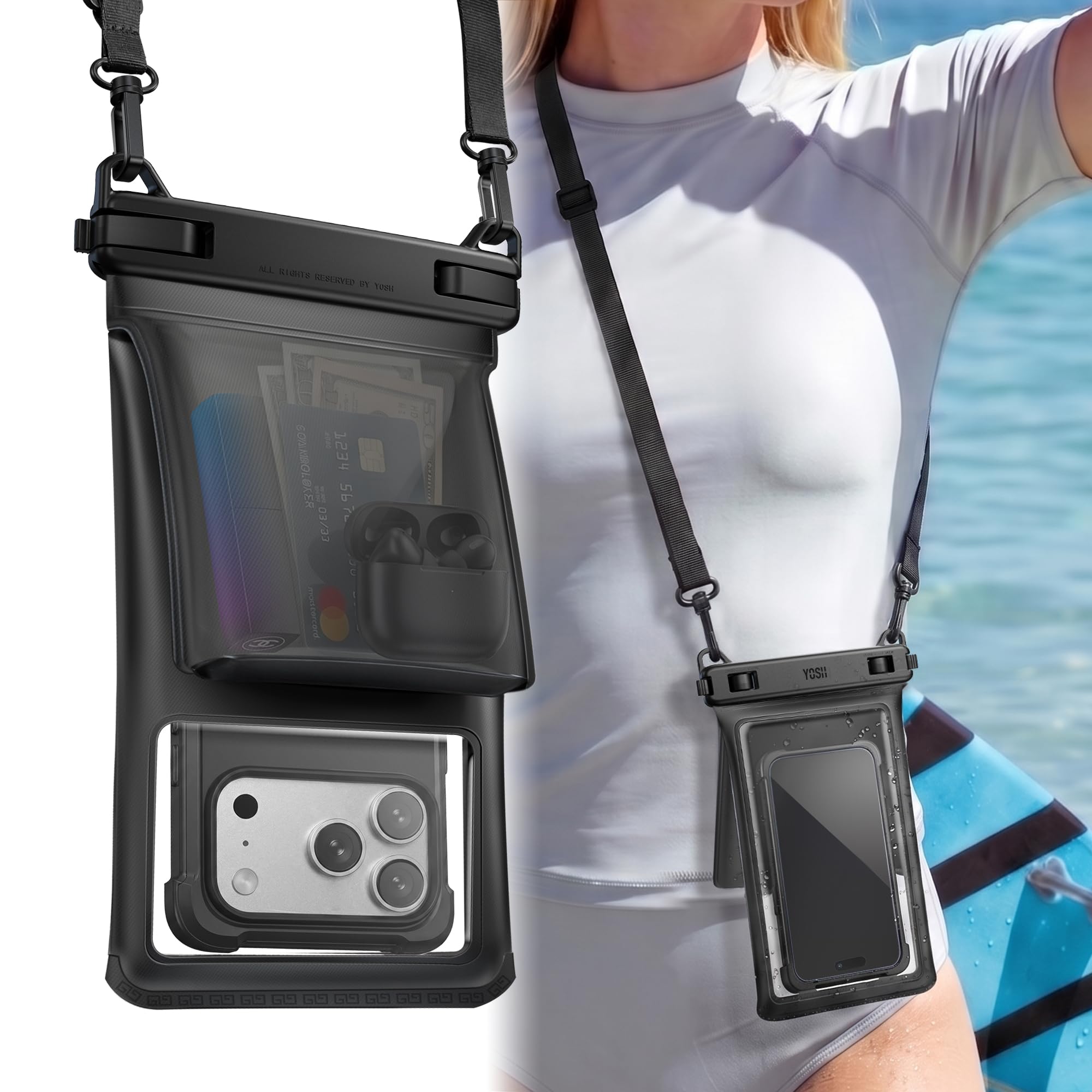 YOSH IPX8 Pochette Étanche Smartphone [Doubles Poches 3D], Jusqu'a 7,5" | Design sans Coutures Pochette Téléphone Étanche, Coque Waterproof pour iPhone 18 17 16 Pro Max Samsung Galaxy S26 S25 Ultra