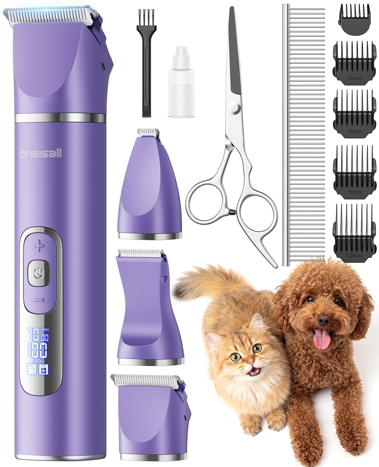 oneisall 3 en 1 Tondeuse Pour Chats et Chiens, écran LCD, Rasoir Silencieux Pour Chats, Tondeuse Professionnelle Pour et Chiens Sans Fil, Pour Pattes, Fesses, Nœuds, Crottes
