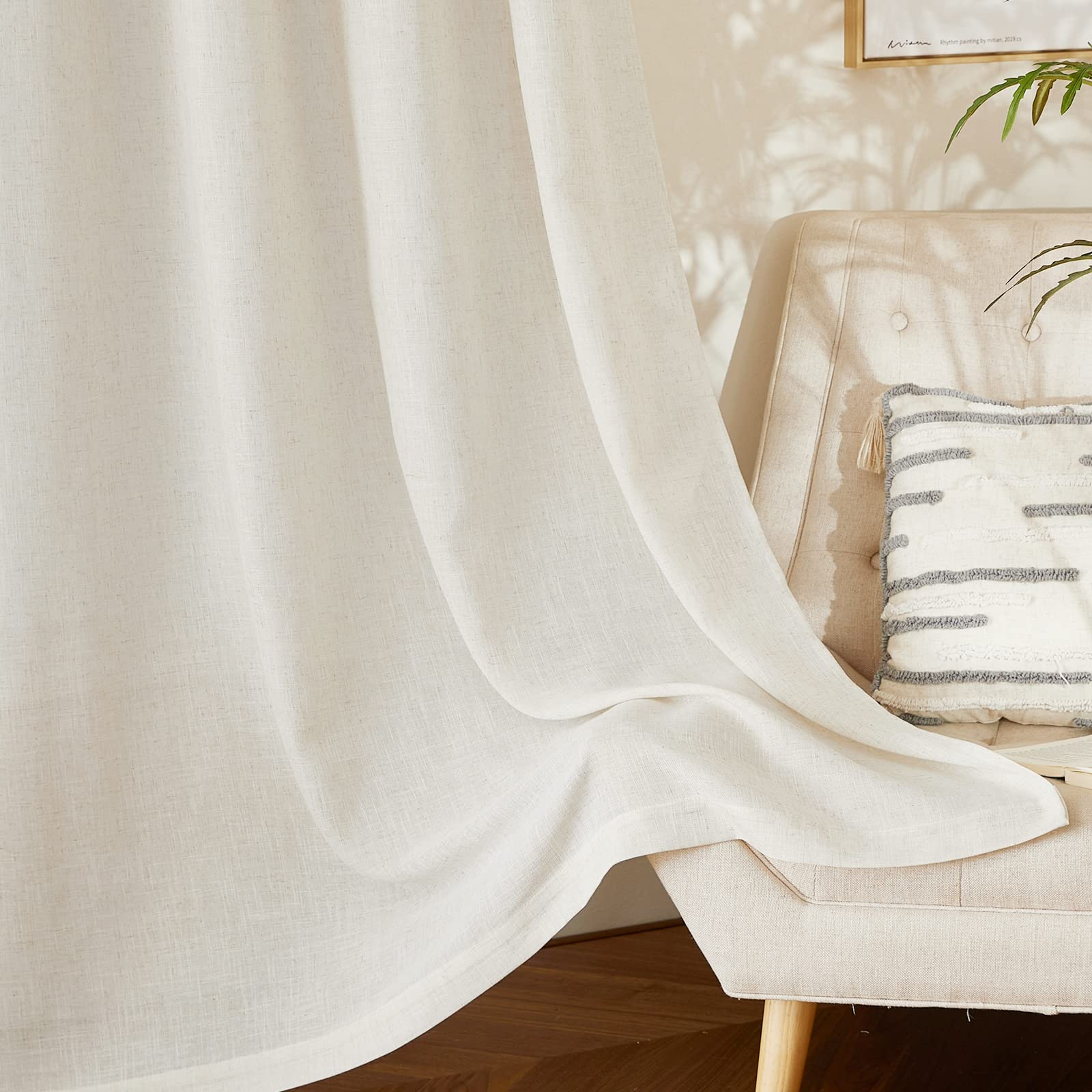 PONY DANCE Rideaux Voilage - Rideau Lin Naturel Draperies Demi Transparent Décoration de Salon Maison Romantique Galon Fronceur, Largeur 140cm sur Hauteur 260cm, Beige Clair, Lot de 2