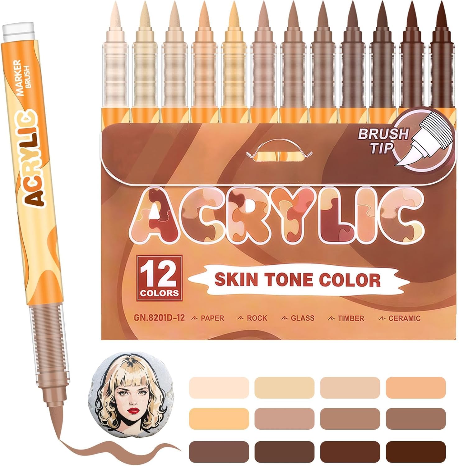 12 Feutre Acrylique Brush Marker – Set de 12 Marqueurs de Peinture Acrylique Skin Tone Color Series , Pointe Brush 0.5~5MM Pinceau pour Peinture sur Coloriage Adulte, Verre, Bois, et Autres Surfaces