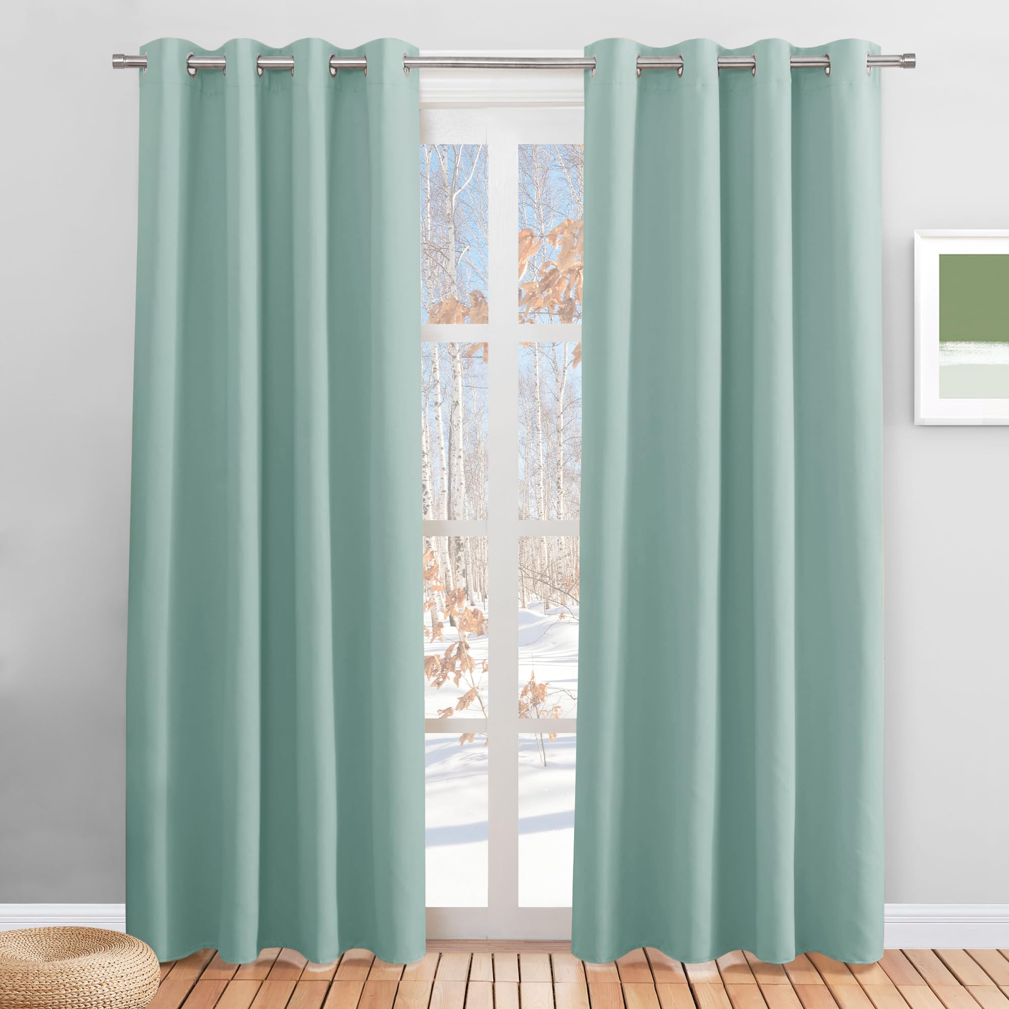 PONY DANCE Rideau Vert Clair Occultant Thermiques - Rideaux Porte Fenetre | Paire de Panneaux à Oeillets, Anti Froid Chaleur, anti uv, Décoration de Maison Chambre Salon Design Moderne, 140 X 220cm