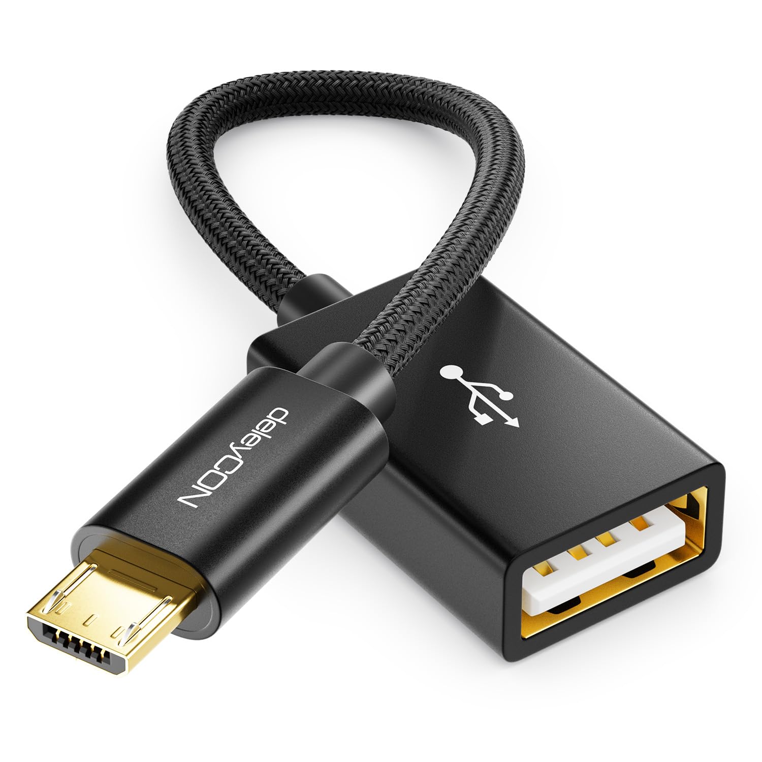 deleyCON 10cm Câble Adaptateur USB 2.0 OTG en Nylon + Fiche Métallique - Câble de Données Micro USB vers USB a Femelle - pour Smartphone et Tablette - Connexion avec Clé USB - 10 cm - Noir