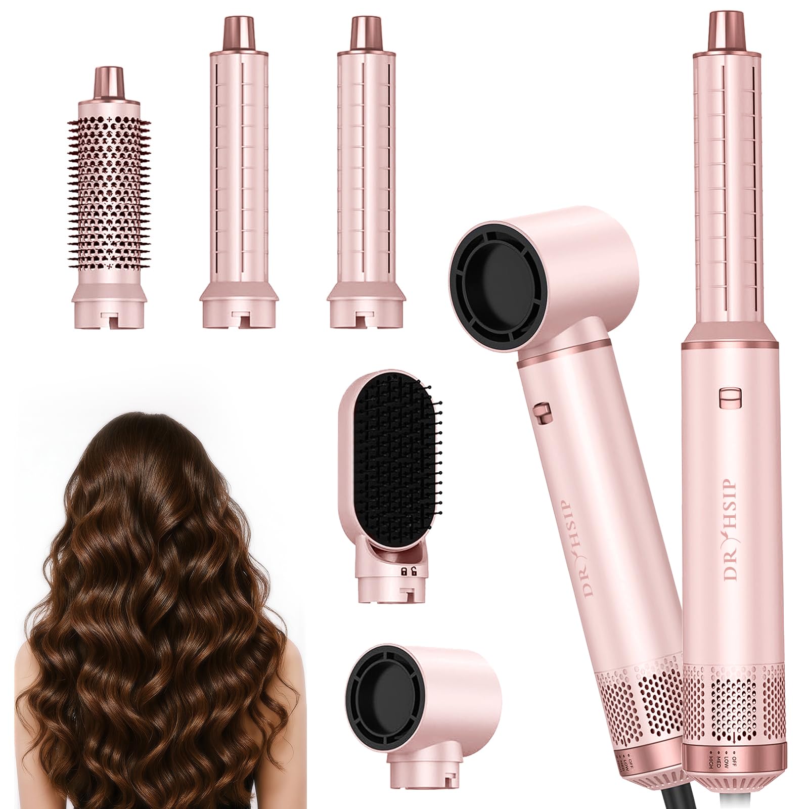 Dryhsip Brosse Soufflante 5 en 1, Brosse Chauffante Brushing et Air Styler avec Têtes Amovibles (fer Friser, Volumatrice, Lissante, Boucleur), de Voyage Légers pour Femmes et Hommes (Sakura)