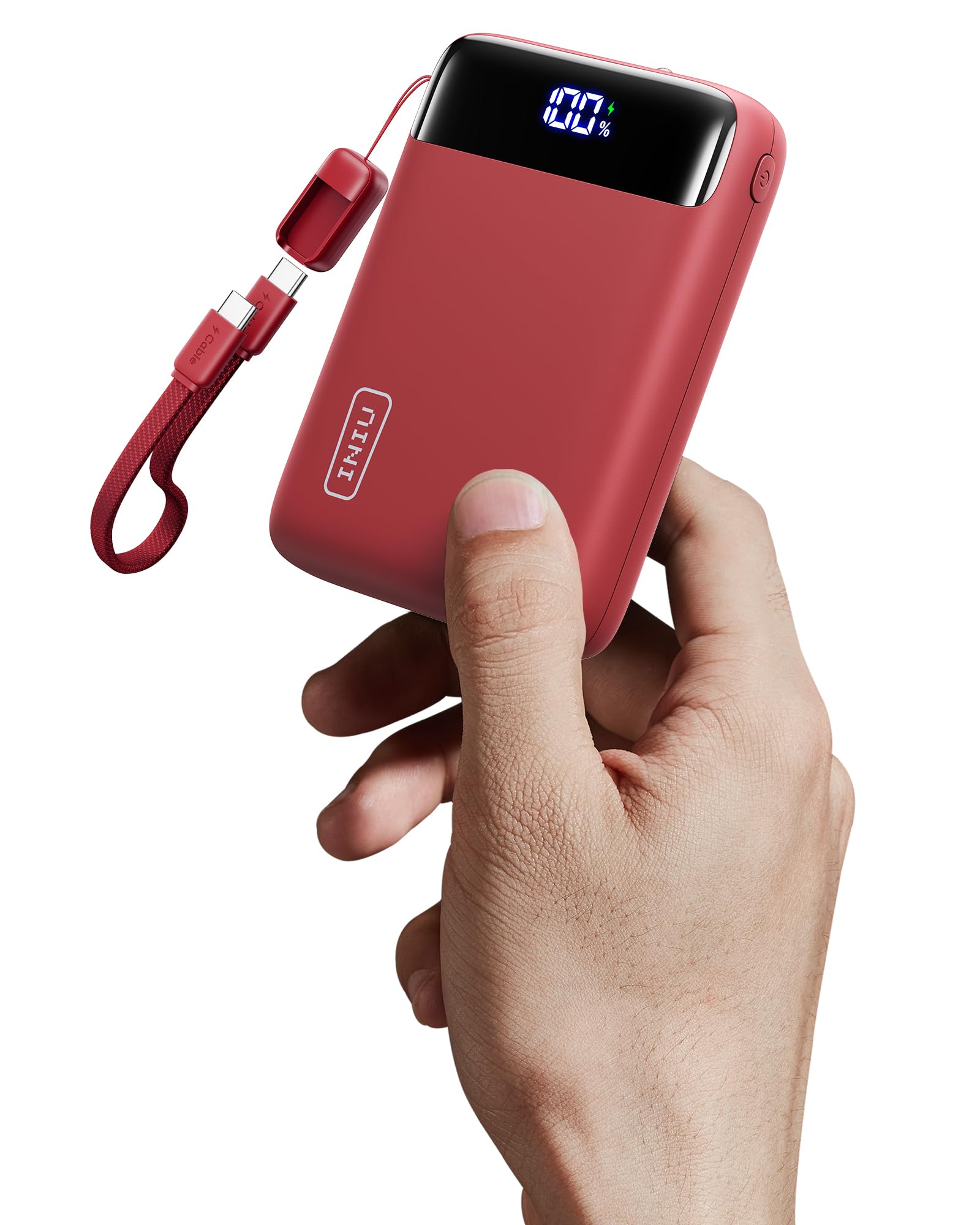 INIU Ultra Petit 20000mAh Batterie Externe, 22.5W Charge Rapide Power Bank | Avec Câble USB C Amovible, Autorisé en Avion, Essentiels de Voyage, Powerbank pour iPhone 18 17 16 Pro, Samsung, iPad, Rouge