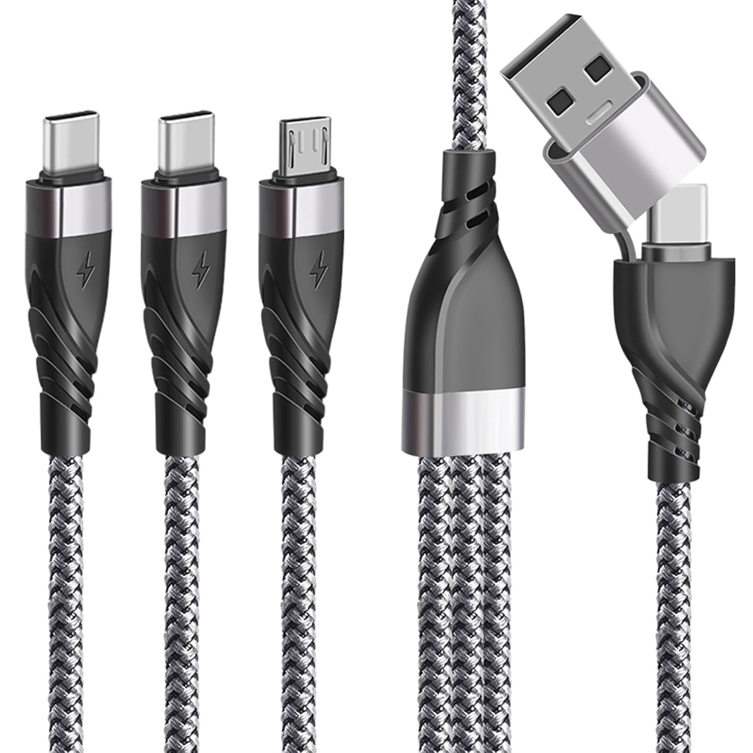 Câble Chargeur Multi Embout, 5 en 1 Universel Câble Multi USB A/C [1.2M] Câble multi chargeur de Chargement avec 2*Type C+Micro USB Connecteur pour Phone 16/15 Android Samsung Galaxy Huawei Honor