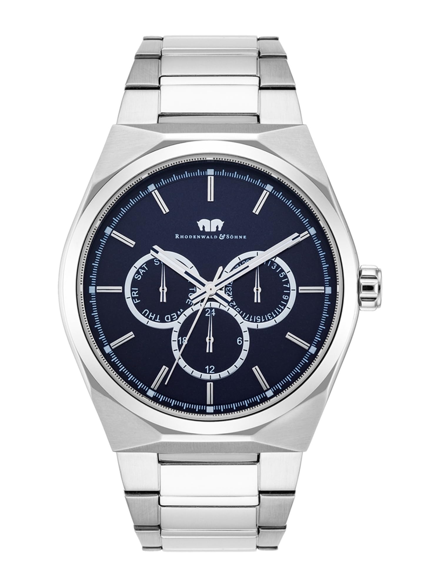 Rhodenwald & Söhne Montre pour homme acier inoxydable argenté quartz 5 ATM | Bracelet en acier inoxydable, argenté, bracelet à maillons, multifonction, cadran bleu, verre minéral, montre-bracelet