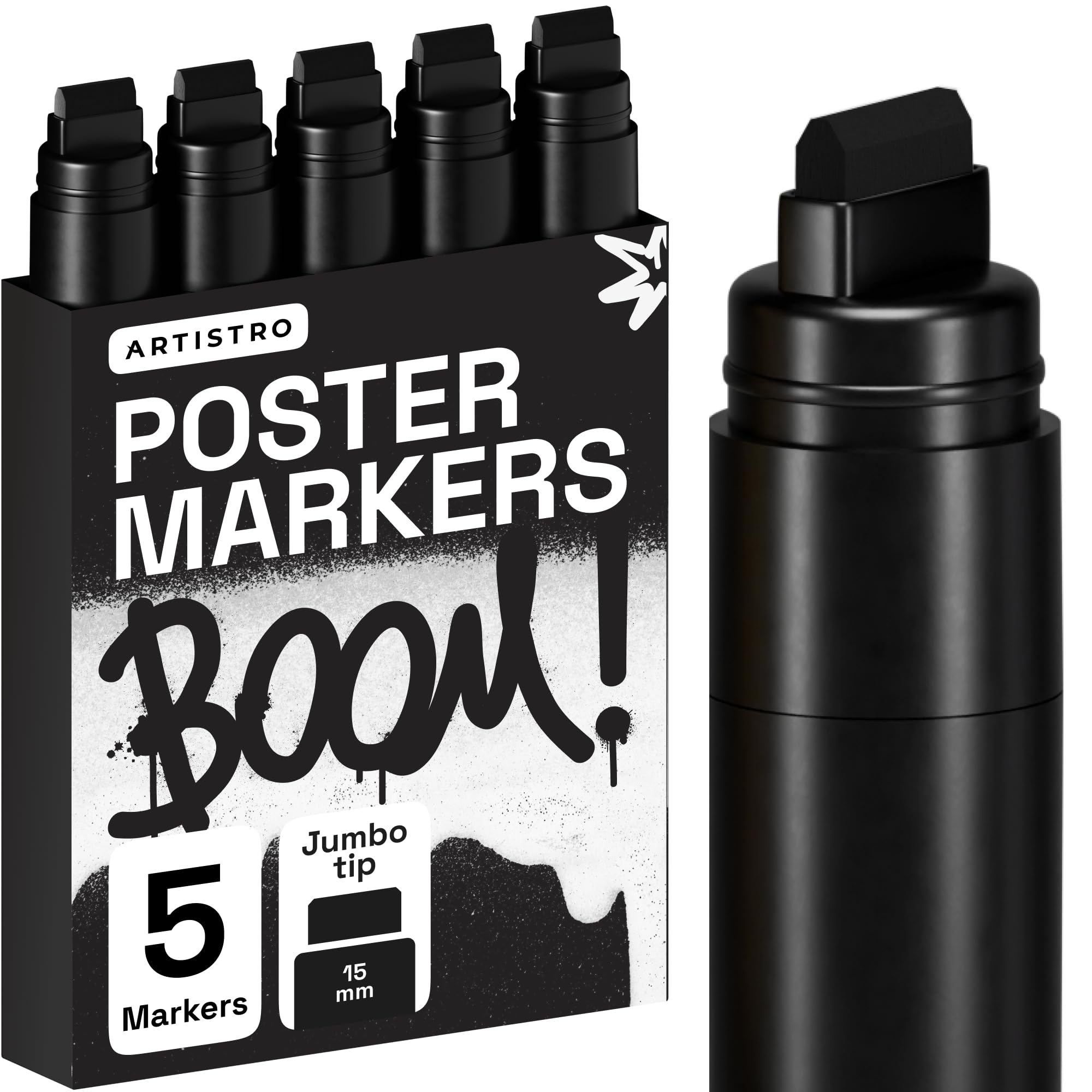 Artistro Jumbo Marqueurs 5 marqueurs noirs jumbo, pointe feutre15 mm, marqueurs acrylique pour peinture sur roche, pierre, céramique, verre, bois et toile.