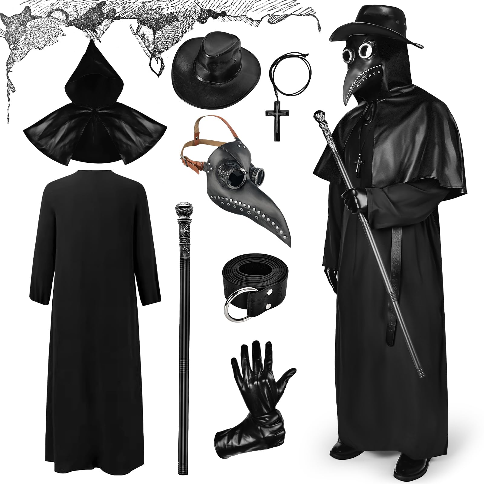Ulikey Déguisement de Docteur de Pest, Costume de Docteur de Peste pour Homme, Costume Carnaval Médiéval avec Gants, Collier pour Carnaval Cosplay