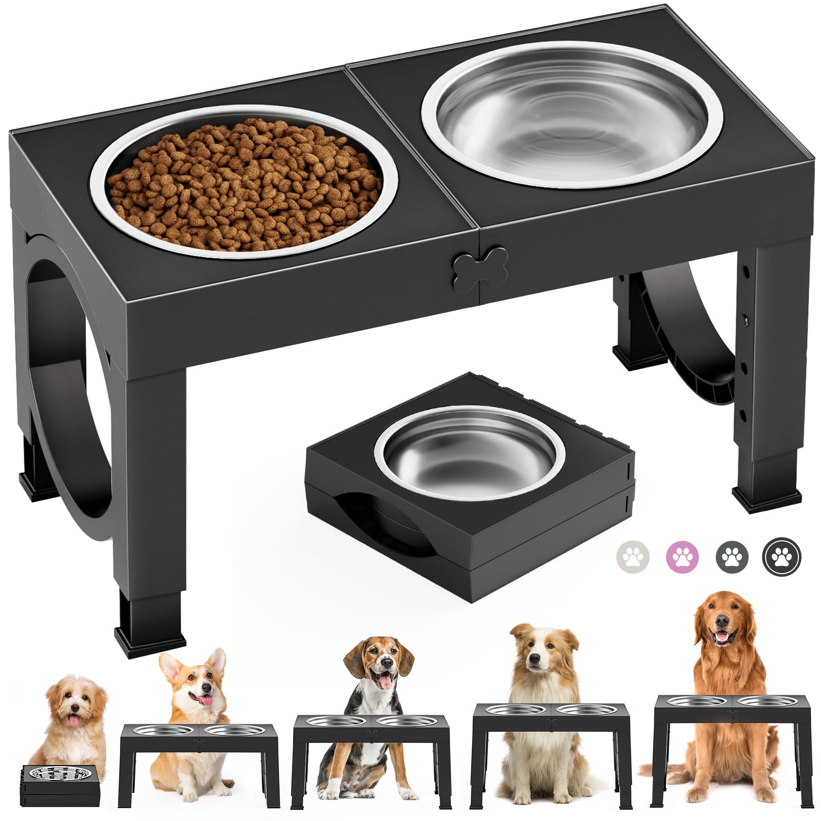 X XBEN Gamelle Chien Surélevées de 5 Hauteurs Ajustables, Gamelle pour Chien avec 2 Bols en Acier Inoxydable de 1,5L, Pliable, Antidérapant, Convient aux Petits, Moyens et Grands Chiens