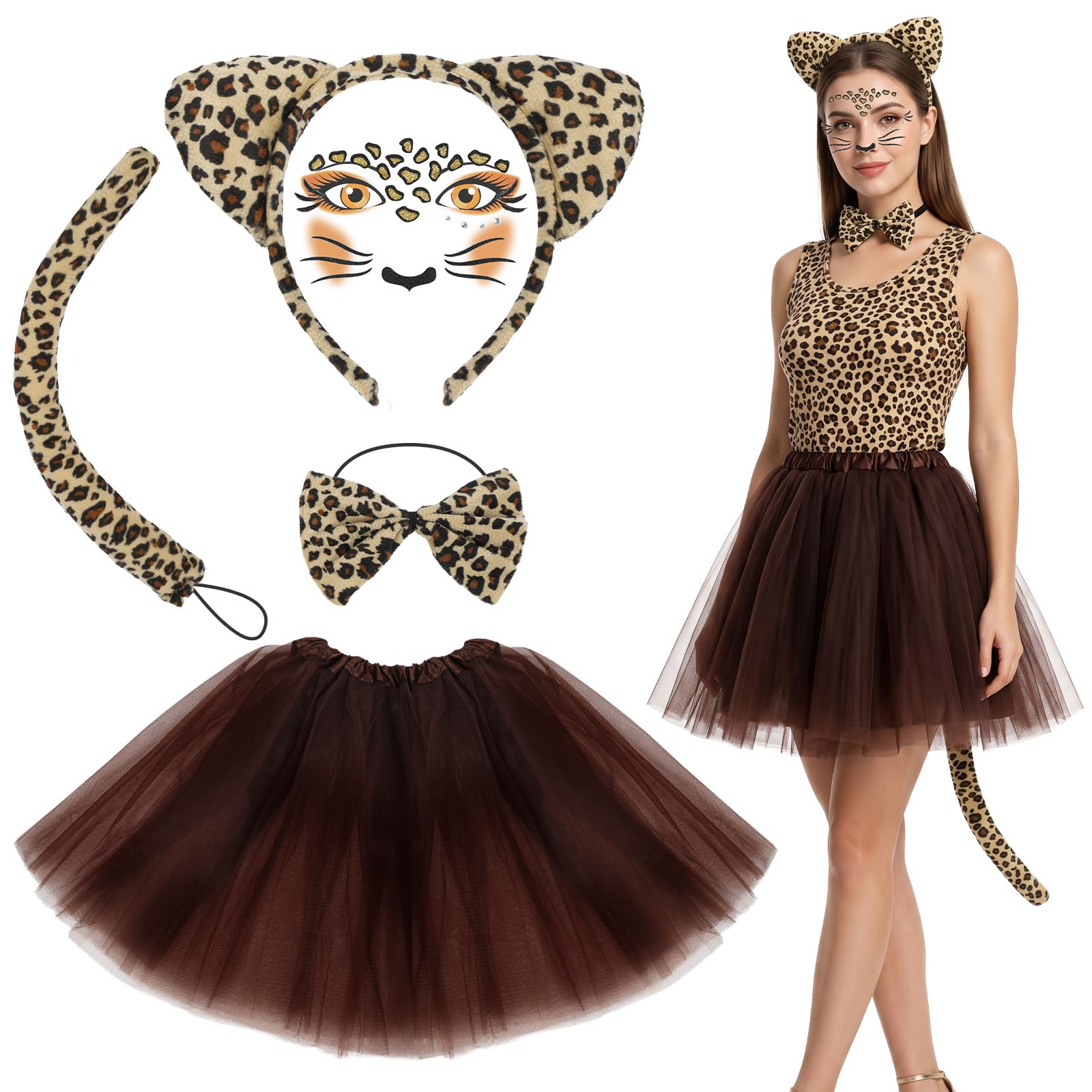 AOOWU Déguisement Leopard Femme, 5PCS Costume Animaux Léopard Deguisement | Jupe en Tulle Marron, Serre Tete Leopard, Queue, Tatouage Visage Nœud Papillon, pour Cosplay Halloween Carnaval Thème Fête