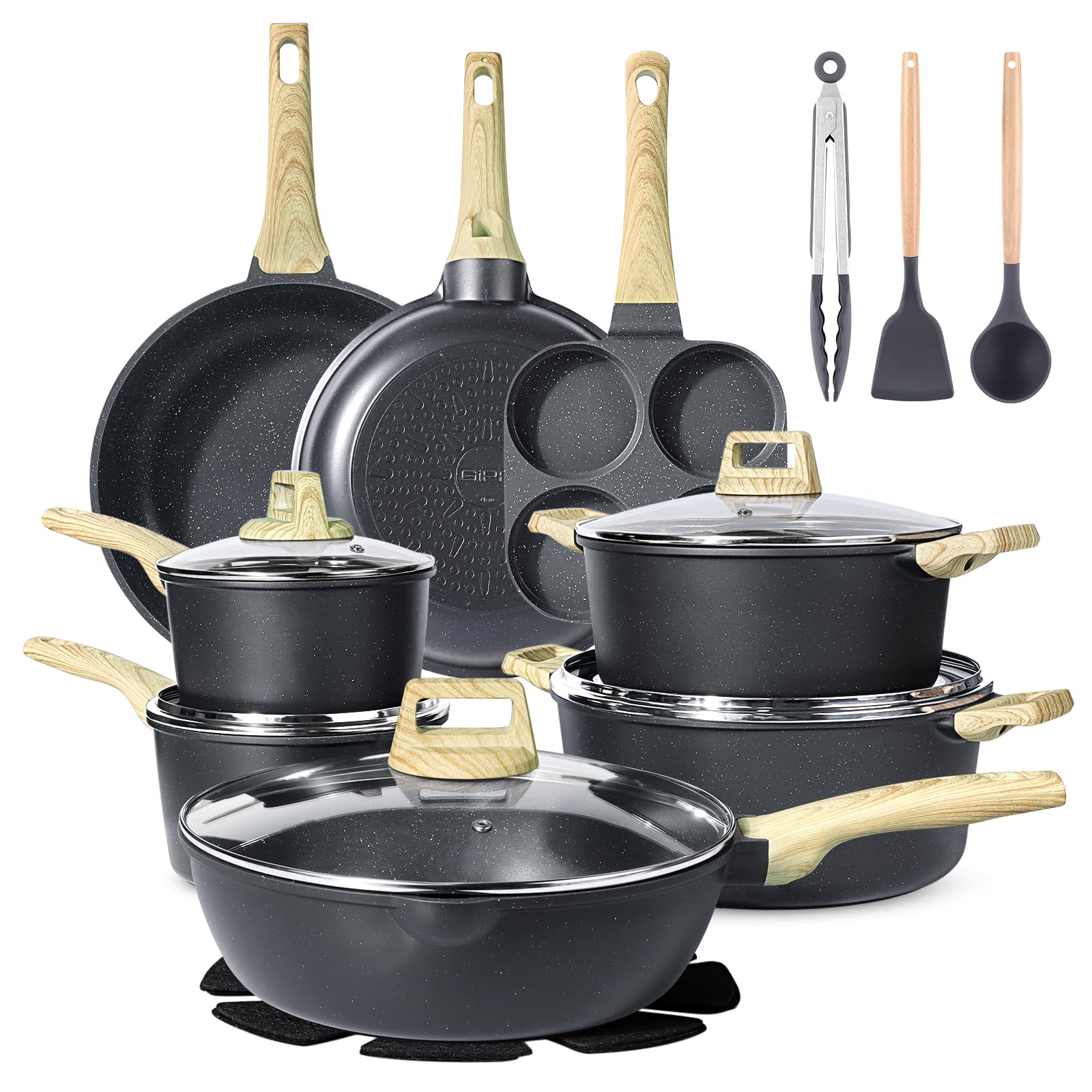 GiPP 22 Pièces Batterie Cuisine Antiadhésive Tous Feux y Compris Induction | Poêle, Casserole, Wok, Poêle à œufs, Cocotte | Revêtement en Granit, Sans PFAS/PFOA/PTFE, Compatible Lave-Vaisselle, Noir