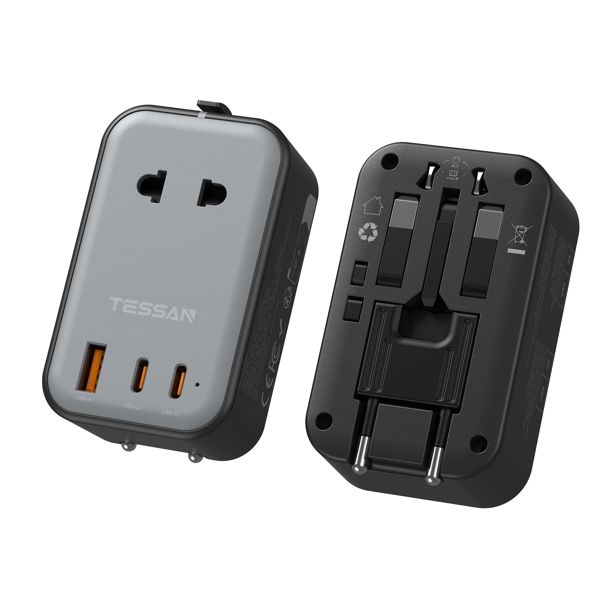 TESSAN Adaptateur Prise Universelle PD 20W, Adaptateur Voyage avec 2 USB C | Adaptateur Universel de Voyage avec 3 USB, Prise Universelle Voyage pour France USA Anglaise Australie Japon Chine, Noir
