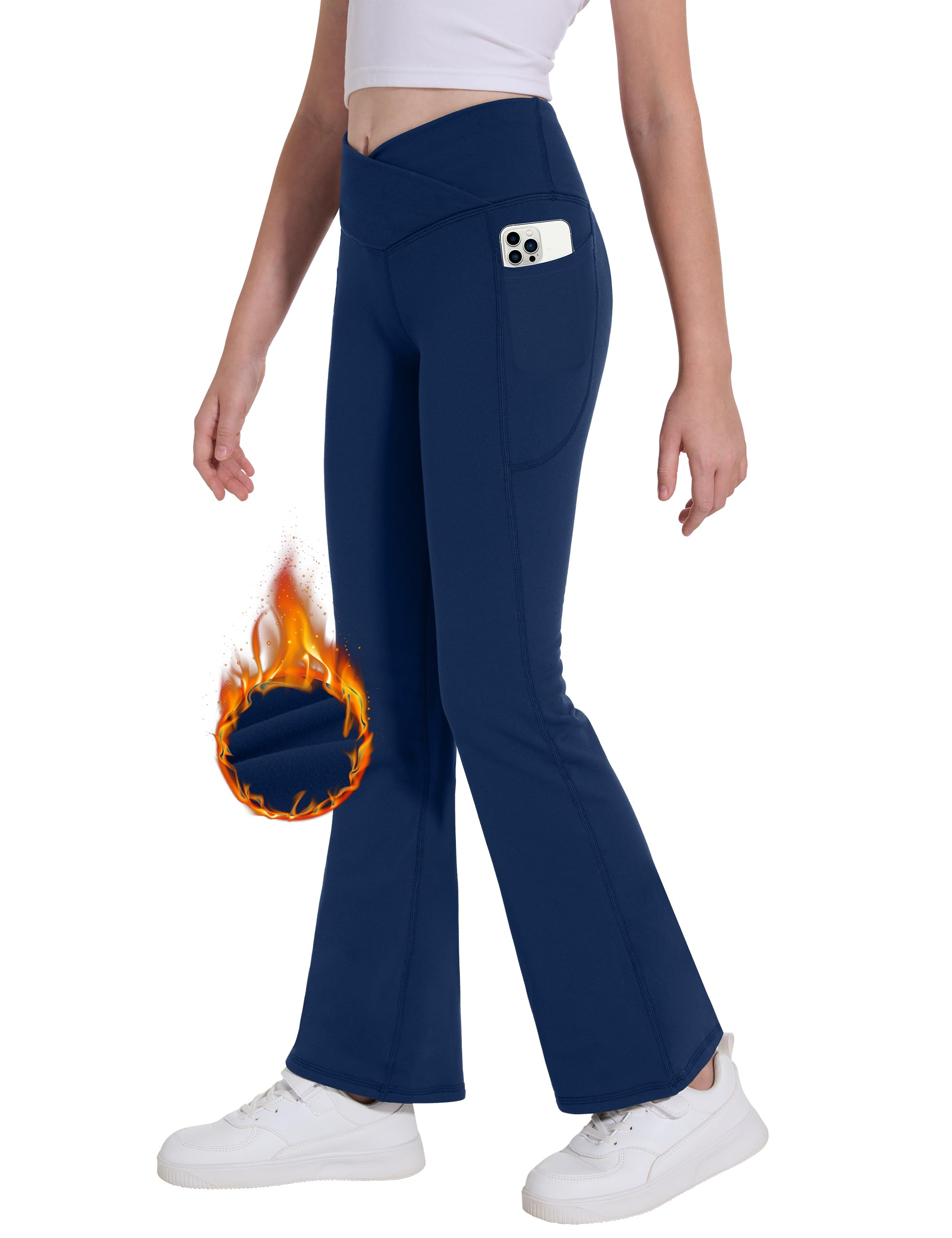 Desol Legging évasé doublé en polaire avec poches croisées taille haute pour fille - Pantalon de yoga pour l'hiver