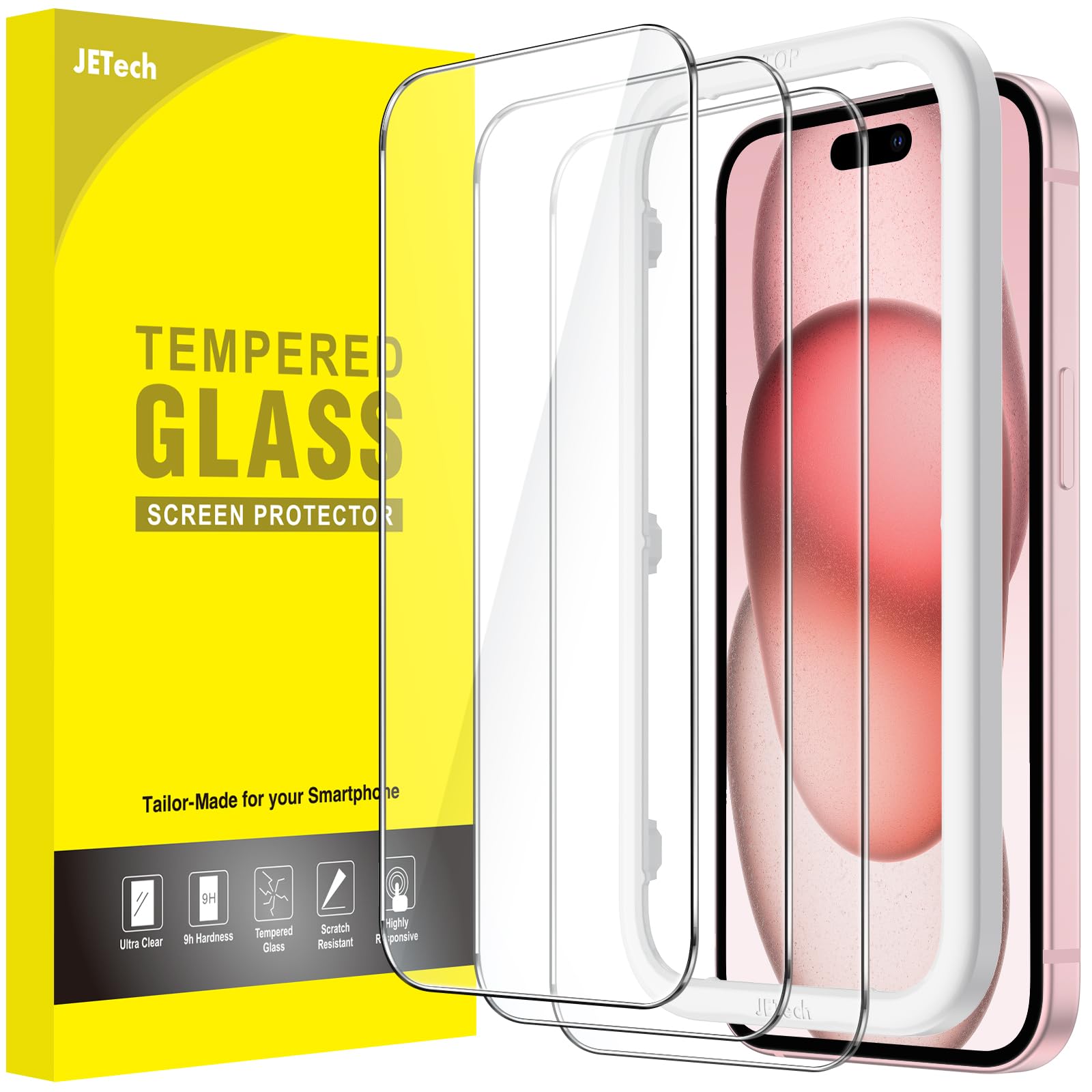 JETech Verre Trempé pour iPhone 15, Lot de 3 | 9H Protection D'écran, Transparent HD, Protection Anti-Rayures, Outil d'Installation Facile