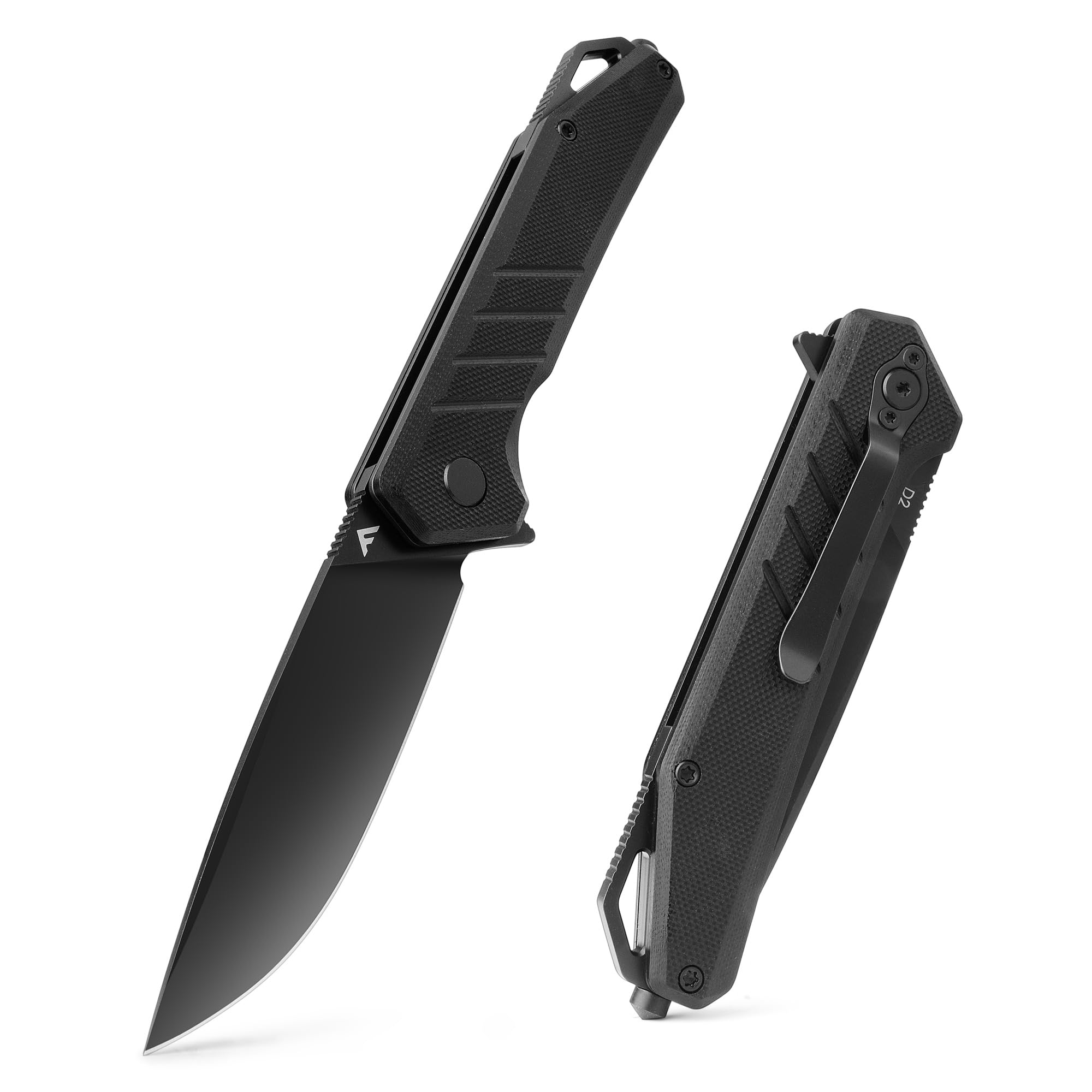 FLISSA Couteau Pliant de Poche en Acier D2 avec Manche en G10 | Couteau de Camping avec Brise-vitre, Clip Ceinture, Couteau Multifonction pour Randonnée, Escalade, Voyage, Noir