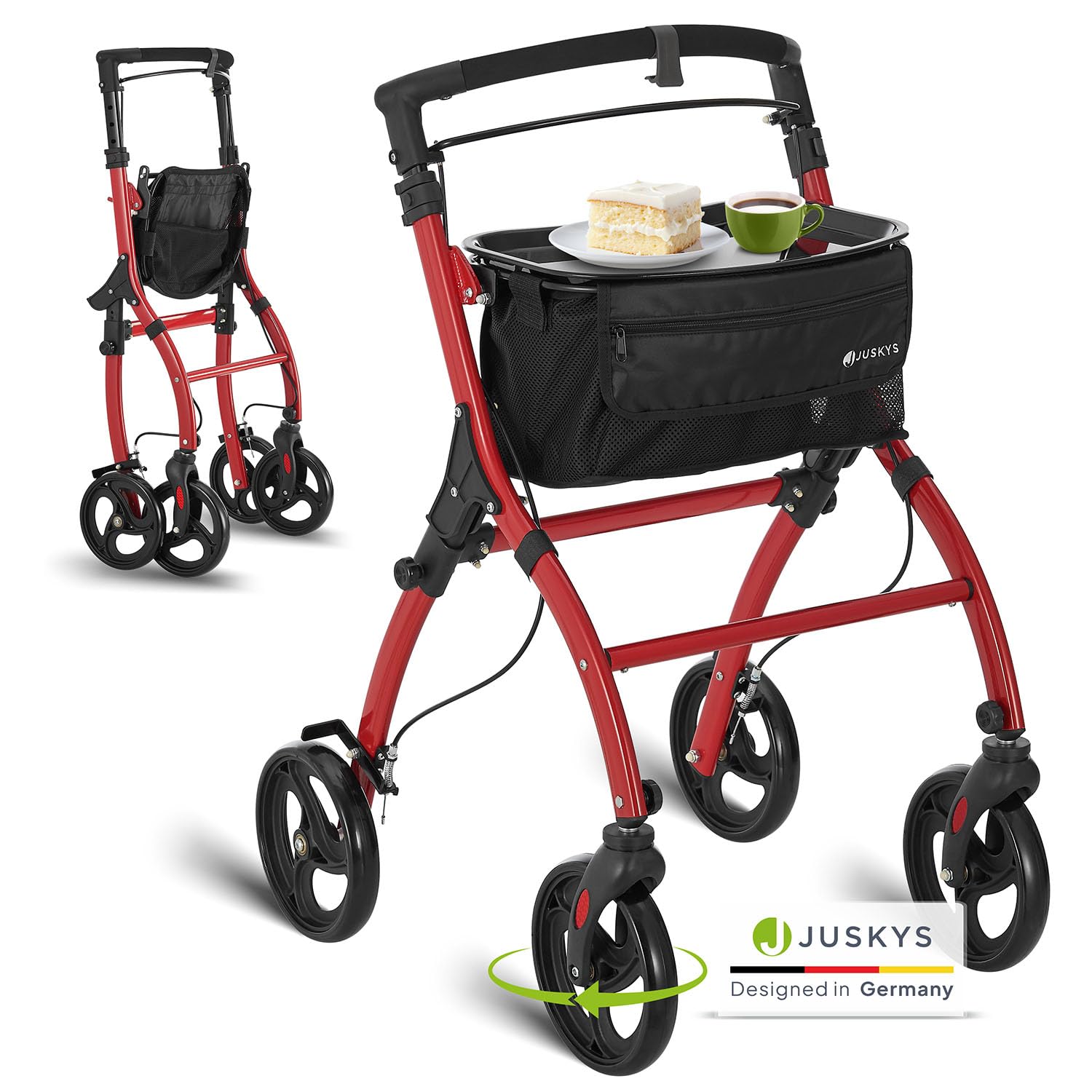 Juskys Déambulateur d'Appartement en Aluminium avec Sac & Plateau - Rollator Intérieur Léger, Étroit & Pliable - Rouge