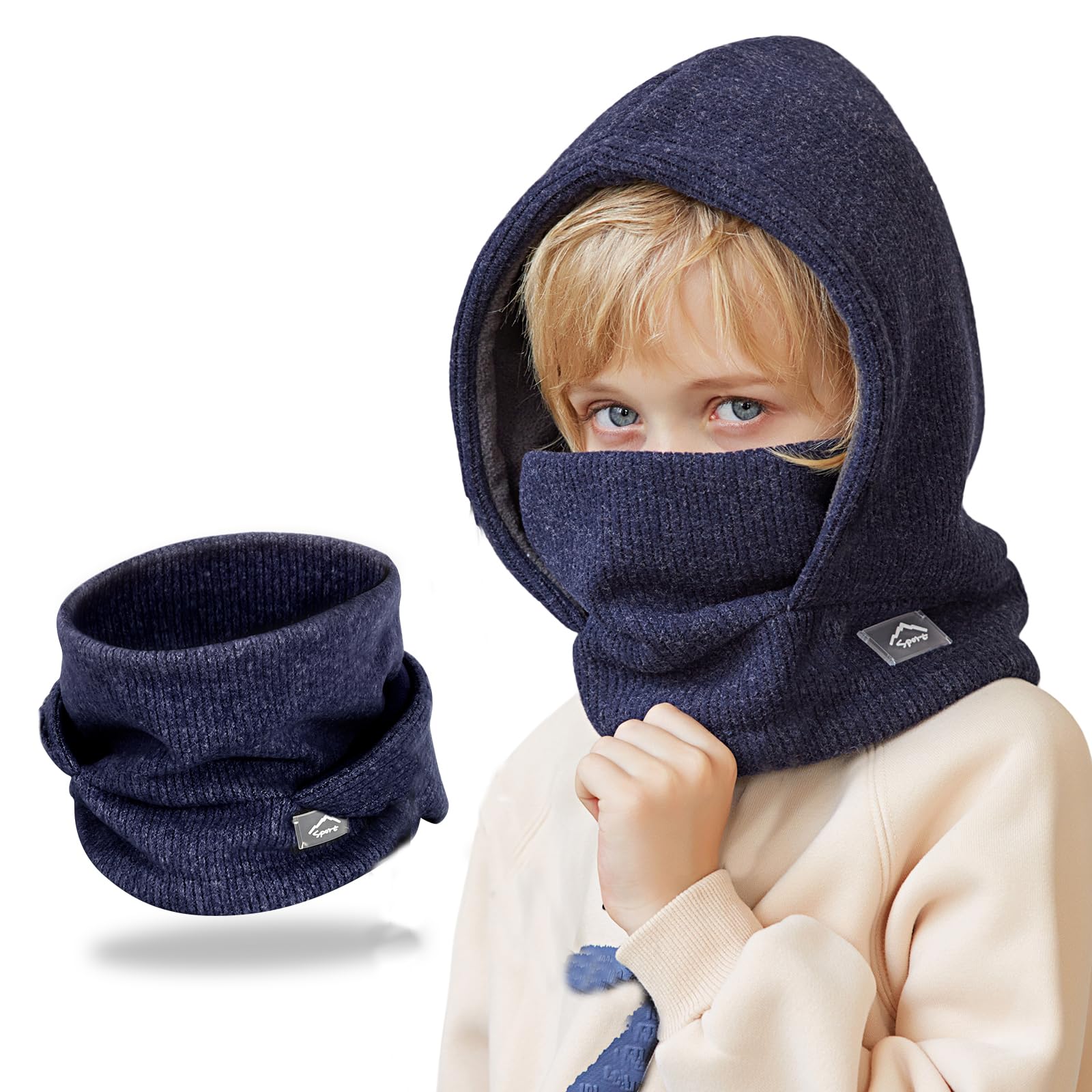 AYPOW Cagoule d'hiver Thermique pour Enfants 4-10Ans, Multifonction Coupe-Vent Réglable Masque de Ski, Bonnet Tricoté Polaire Chaude, Casquette Cache-Cou Tour de Cou écharpe Garçons Filles Plein Air