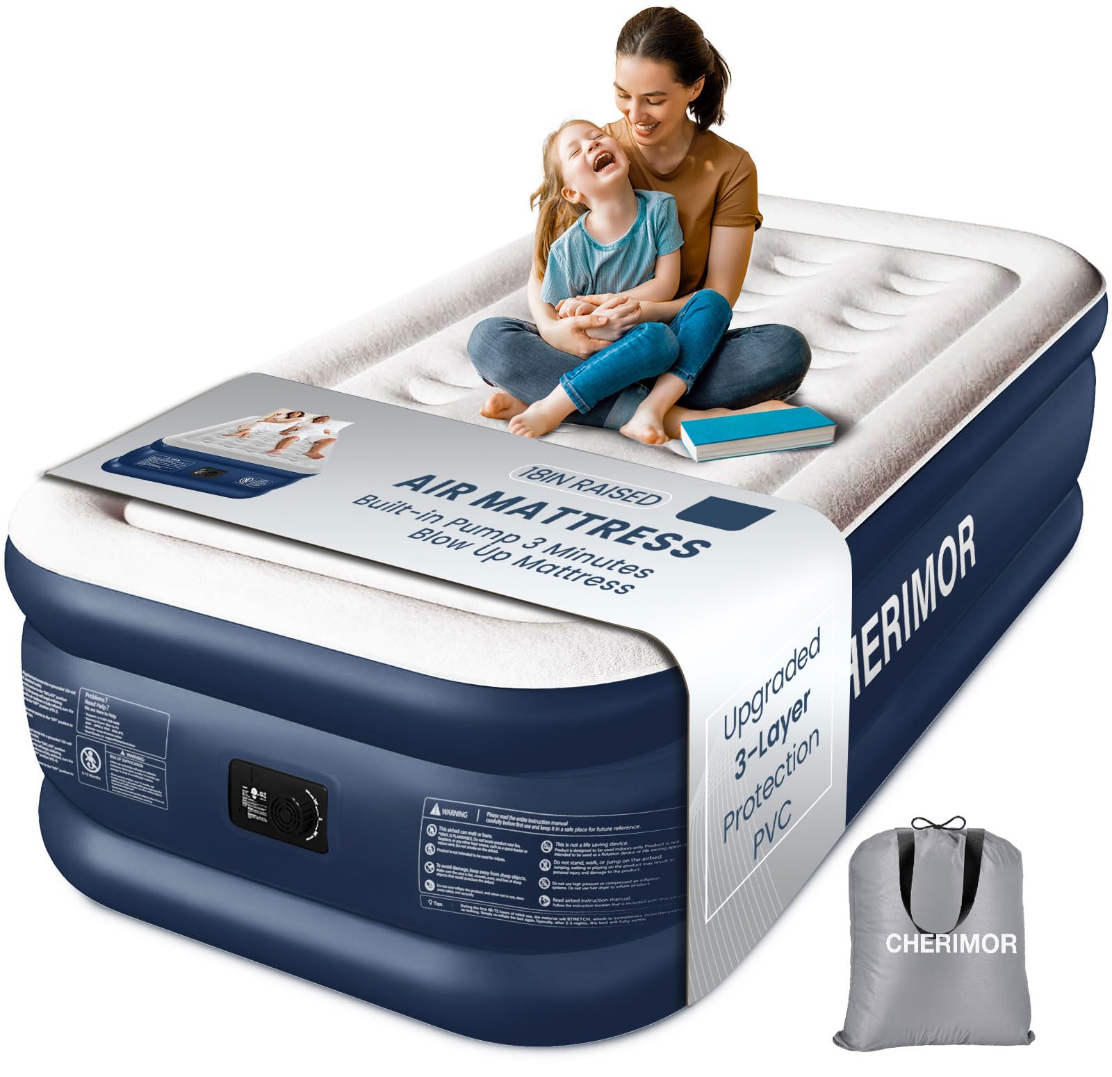 Lit Gonflable 1 Place Matelas Gonflable électrique  203x99x46 CM 227 KG | Matelas Gonflable 1 Place avec Pompe Intégrée, 3-Min Sauter Air Mattress Idéal pour Maison Camping avec Sac Transport -BU