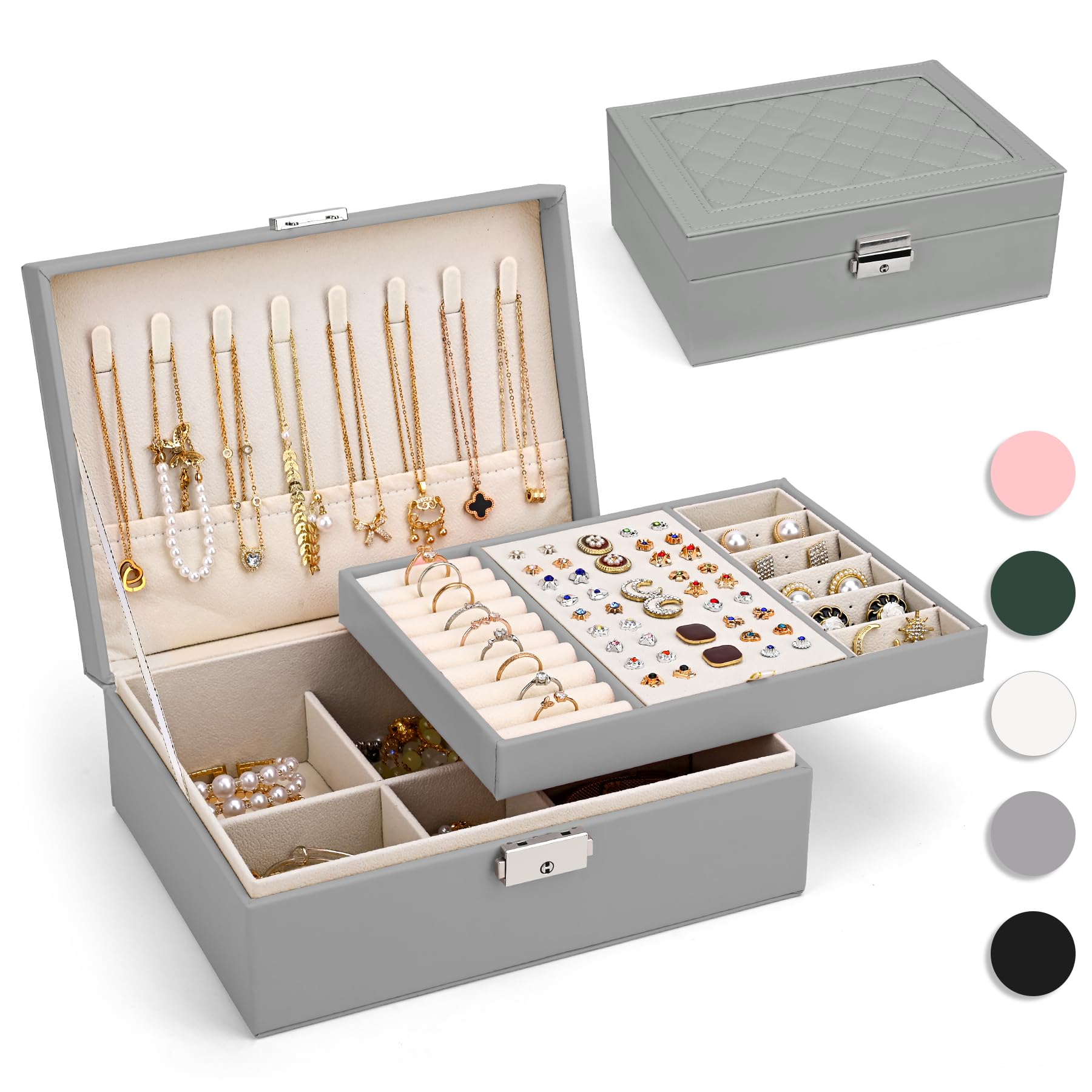Boite a Bijoux Cuir PU, Grande Boîte à Bijoux avec 2 Étages, Gris Argenté | Organisateur de Bijoux de Voyage, Portable Organisateur de Boîte à Bijoux, Coffret à Bijoux pour Ranger Bagues