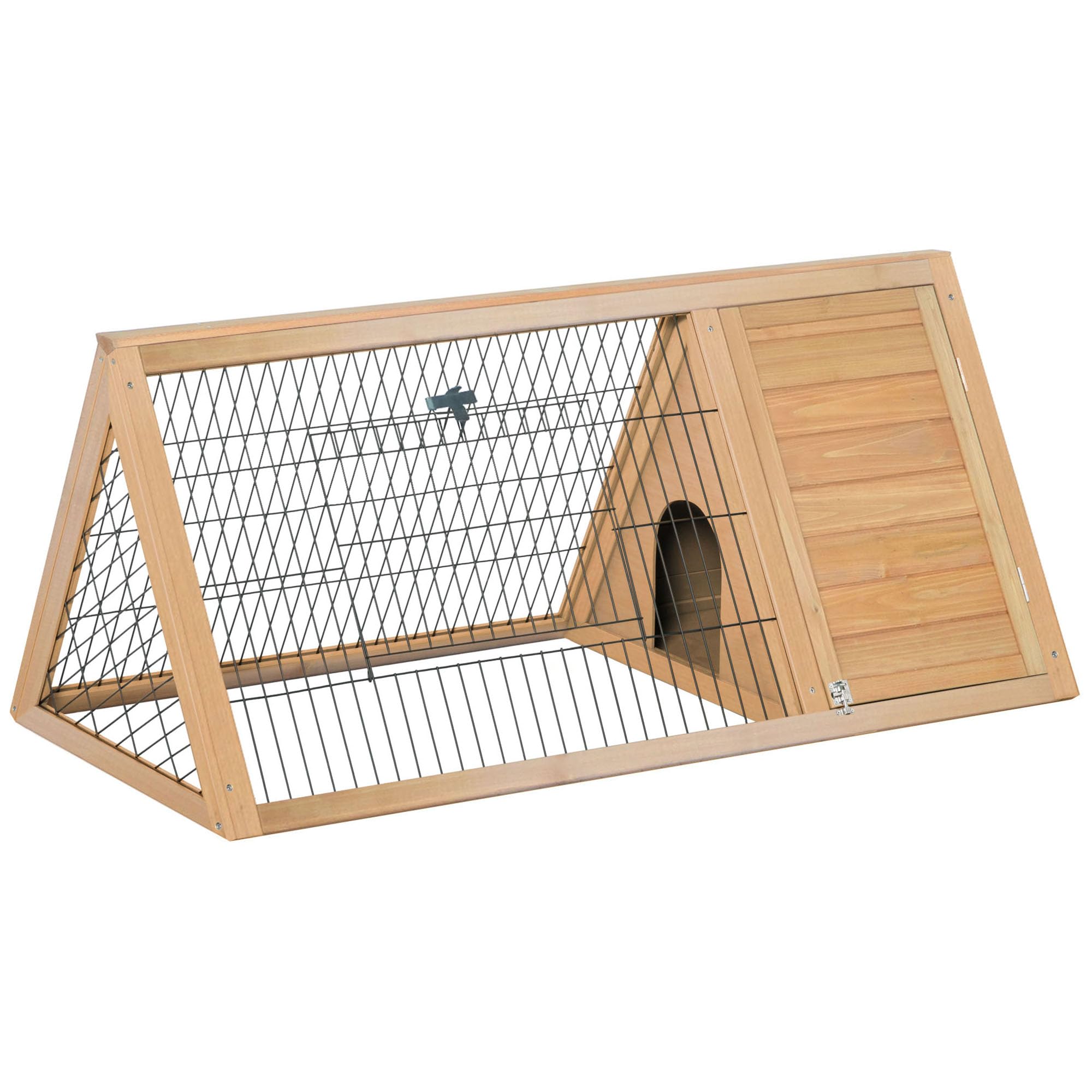PawHut Clapier Triangulaire de Sol Double Porte 116x62,2x52,5cm Naturel | Enclos Extérieur, Niche, Convient aux Lapins Poules Tortue Terrestre, Bois Massif Pin