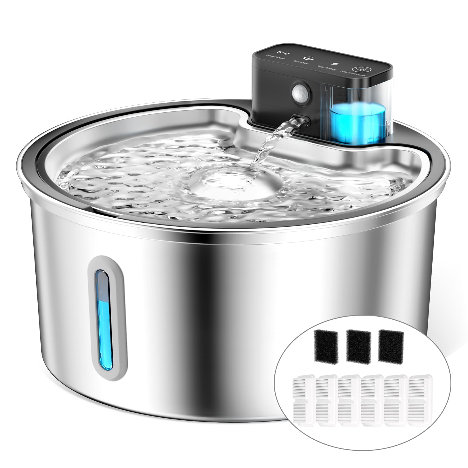 PawPoll Fontaine a Eau Chat sans Fil 3,2L avec Detecteur de Mouvement, Batterie 4200mAh, INOX Fontaine à Eau pour Chat Silencieuse avec LED, sans BPA, Comprend 6 Filtres +3 Éponges