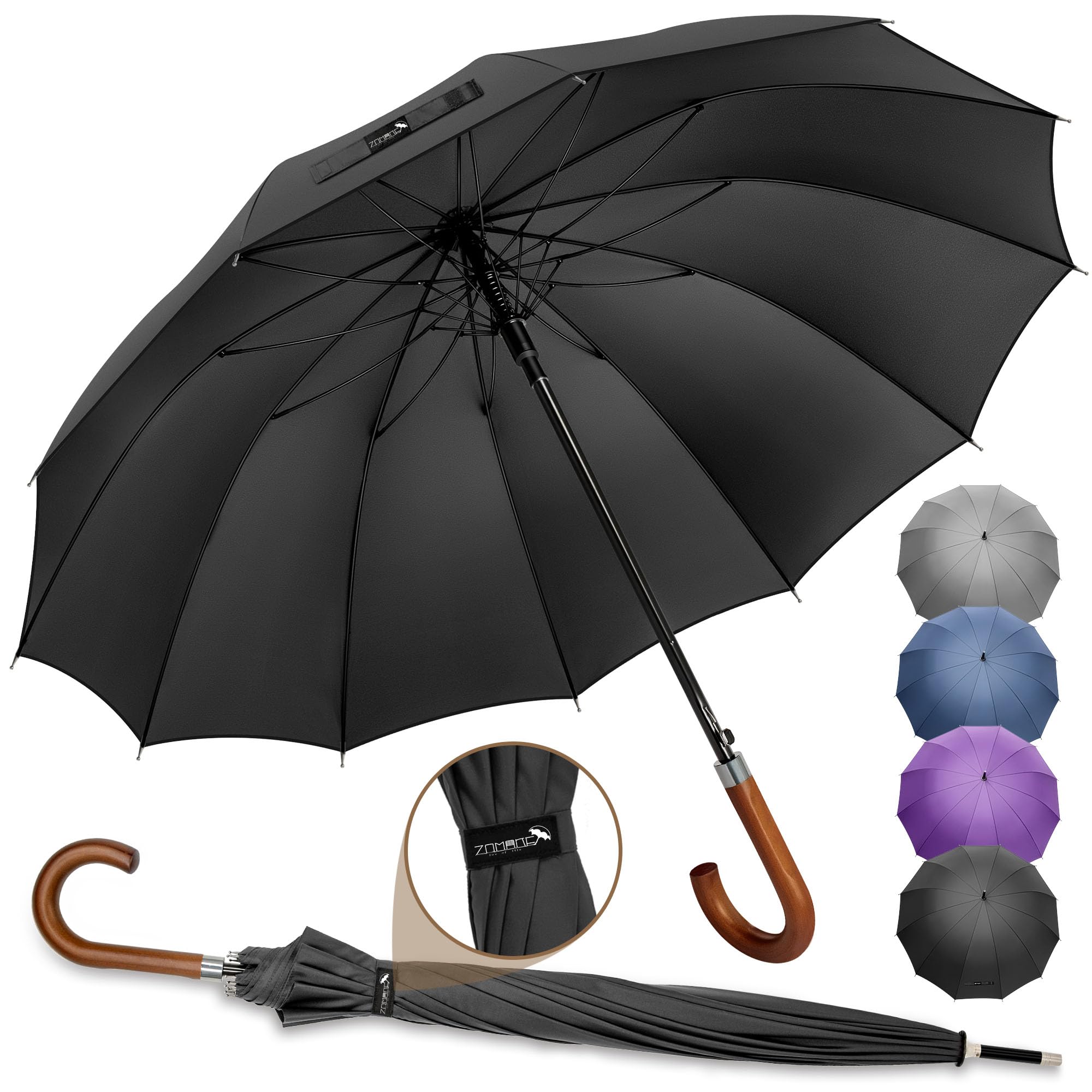 ZOMAKE Parapluie Canne 12 Côtes,55 Pouces Grand Parapluie de Golf,XXL Ombrelle Manche Bois Solide,Umbrella Automatique pour Homme Femme