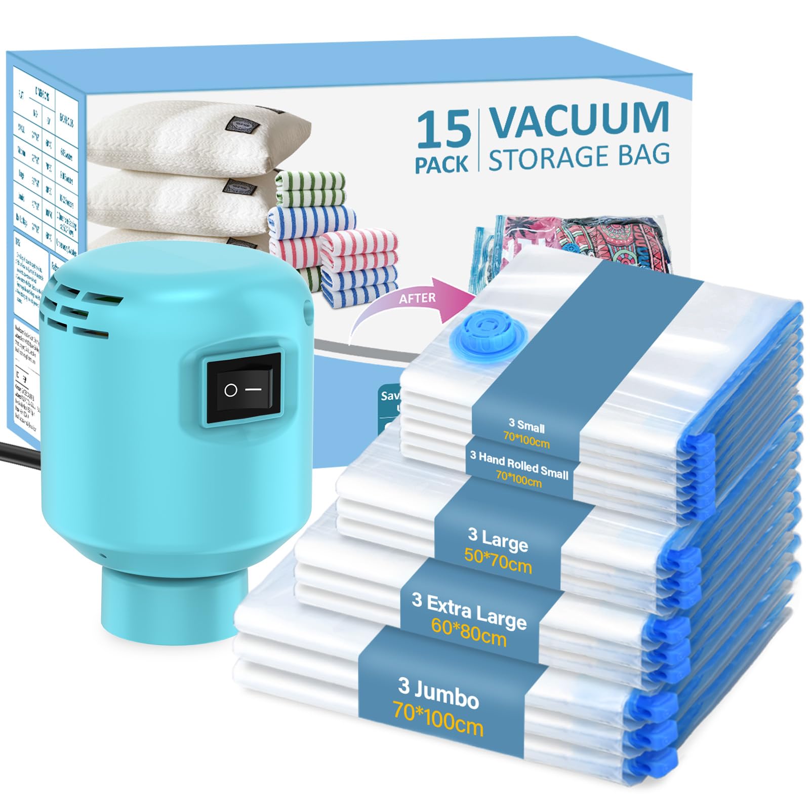 Kissleaf Sac de Rangement Sous Vide Avec Pompe Electrique 15 Pièces | Réutilisable, Résistant à L'humidité et Durable, Adapté Aux Vêtements, Couettes, Animaux en Peluche, Literie, etc
