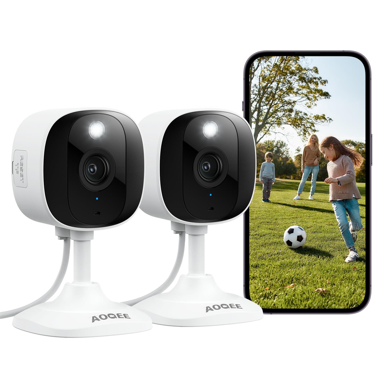 AOQEE 2K Camera Exterieur/Camera Interieur, Étanche IP65, Lot de 2, C1 | Caméra de Surveillance Extérieur, 2.4G WiFi, Détection Humaine AI, Vision Nocturne Couleur, Sirène, Audio Bidirectionnel