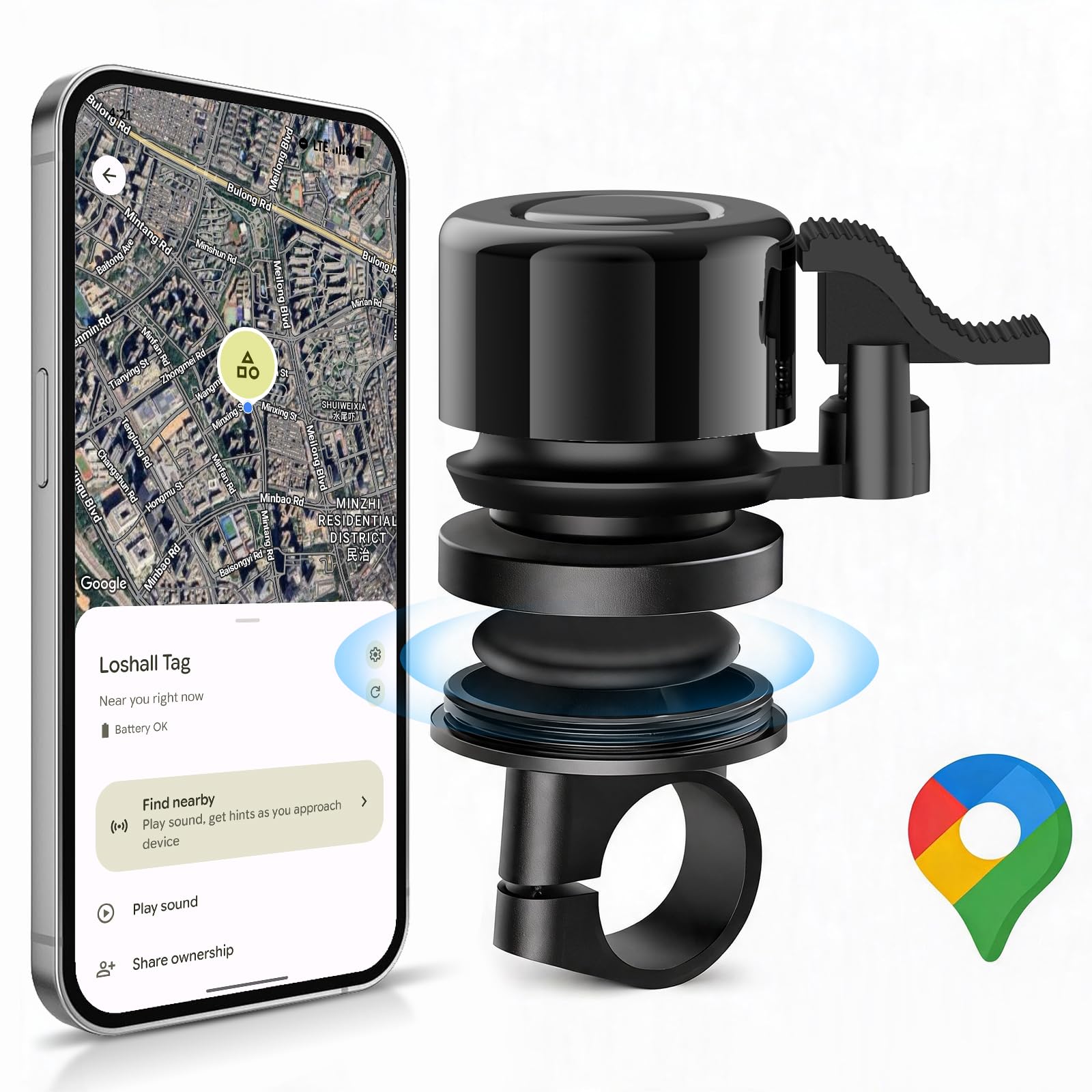 CMINGKEJI® Android Traceur GPS Velo en Direct, Sonnette Velo Adulte Enfants | Compatible avec les app Google,Anti-Perte avec Tracker Android Intégré, Support caché dans la sonnette, Antivol de vélo