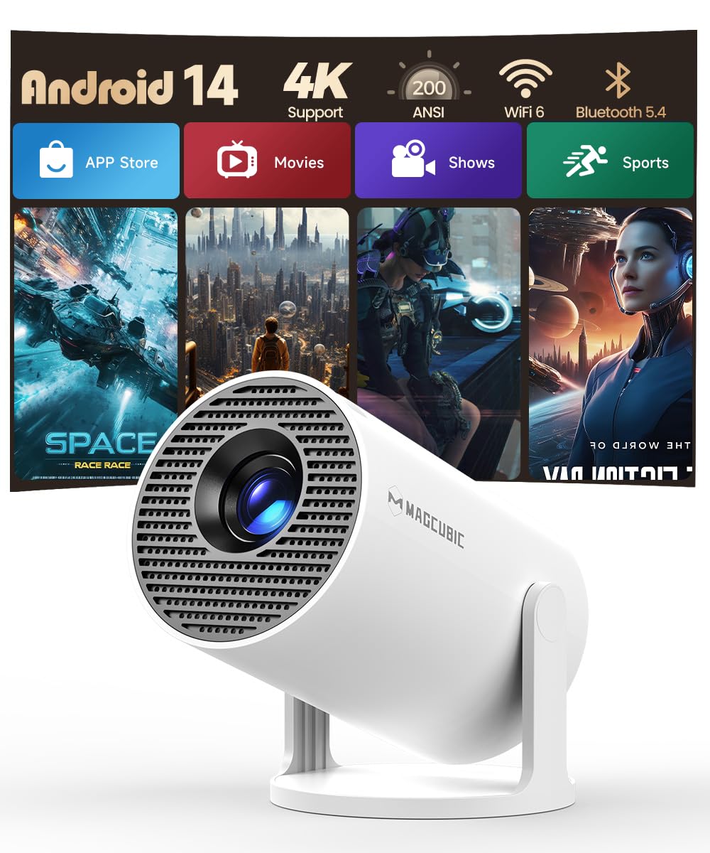 Magcubic Videoprojecteur Portable 4K Supportée, Mini Projecteur 200 ANSI | Rétroprojecteur Vidéo WiFi 6 Bluetooth 5.4, 720P HD Natif, Correction Trapézoïdale Horizontale Automatique, 180° Rotatif