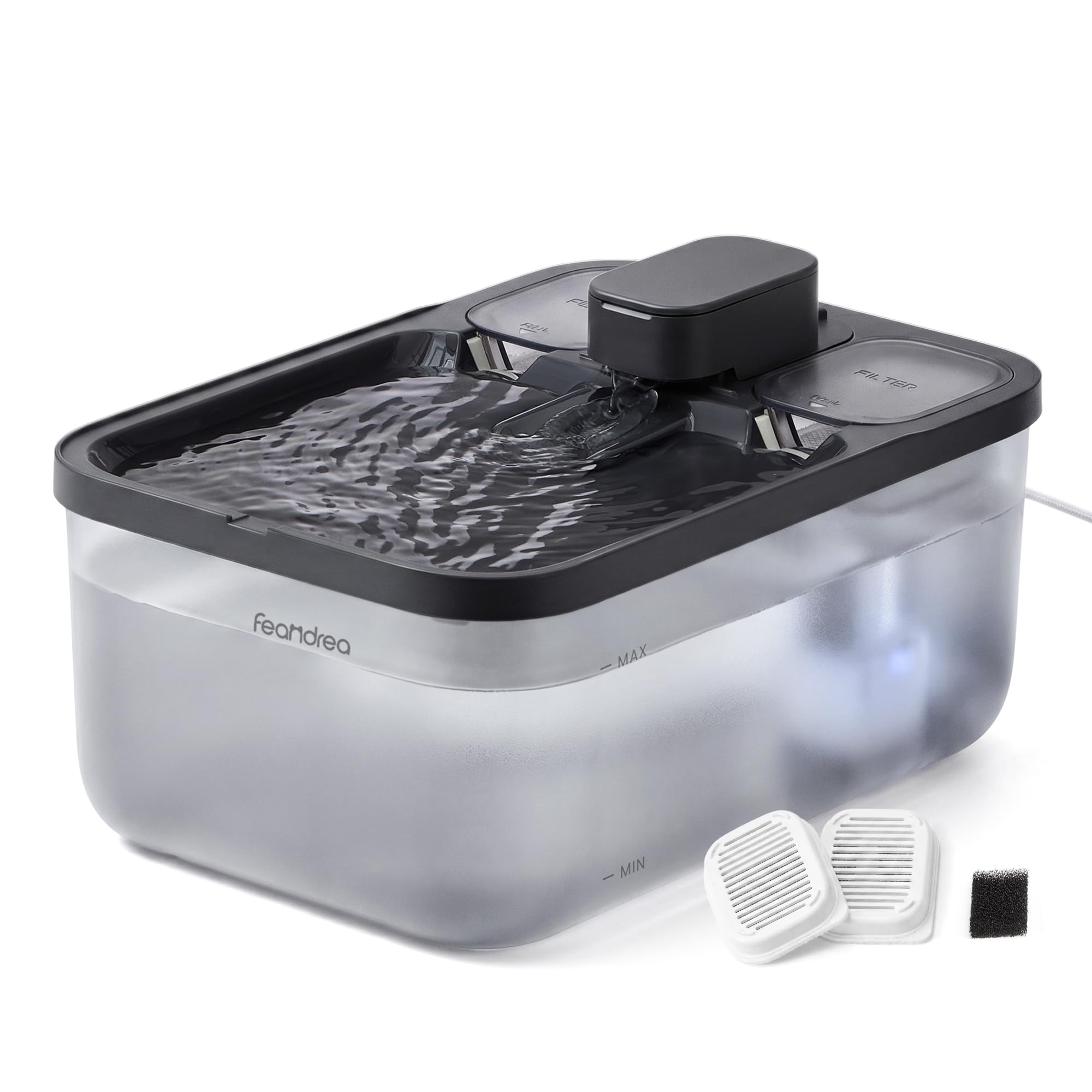 Feandrea Fontaine a Eau pour Chat, 4,5 L, 2 Filtres et 1 Éponge | Distributeur d'Eau, Silencieux, Arrêt Automatique, 28,7 x 19,3 x 17,3 cm, Noir d'encre, Collection BOXAL PWF001B101