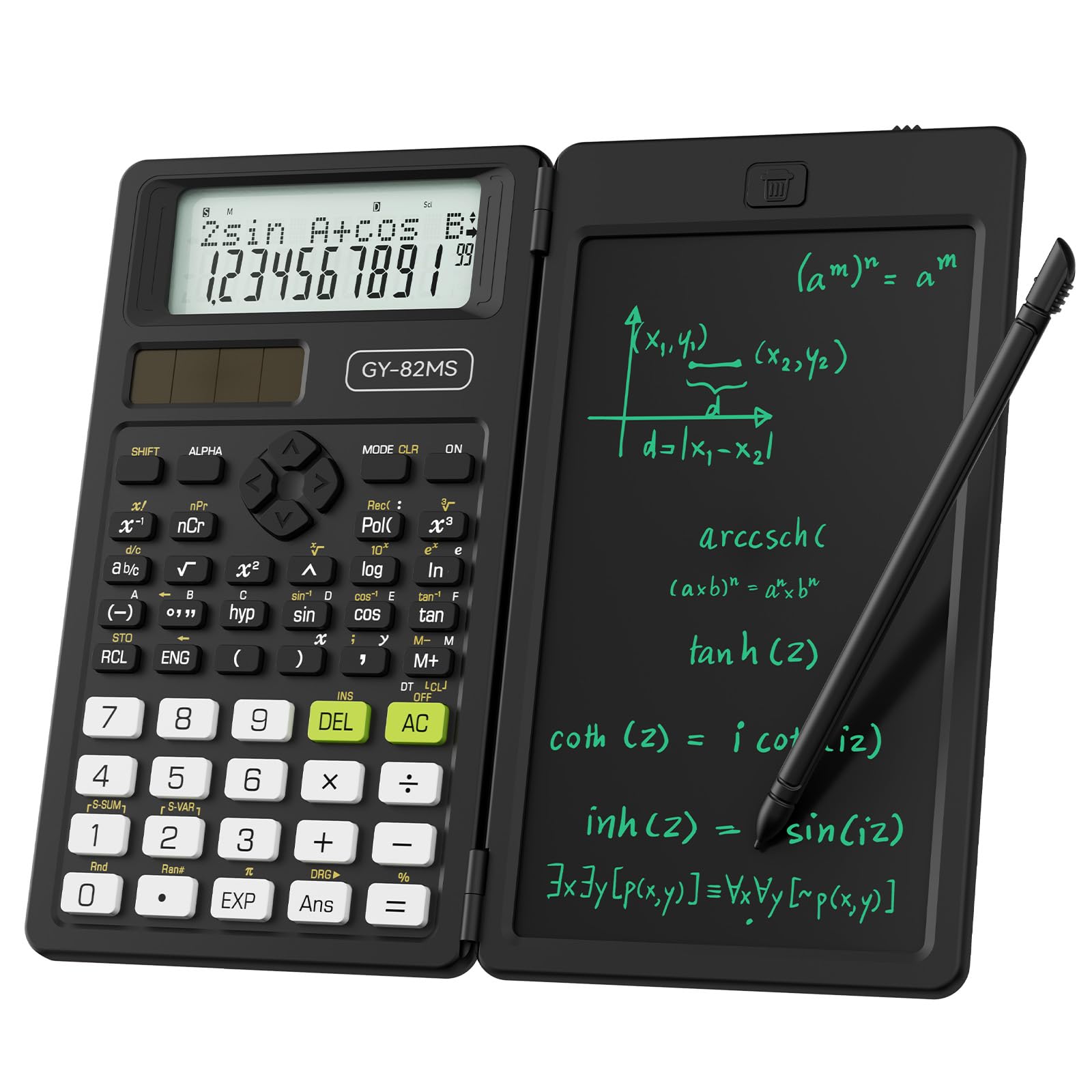 NEWYES Calculatrice Scientifique avec Tableau D’Écriture Stylo,Noir-82MS-II | 240 Fonctions, Solaire et Batterie, 2 Lignes Affichage, Fournitures Scolaires pour Étudiants / Bureau