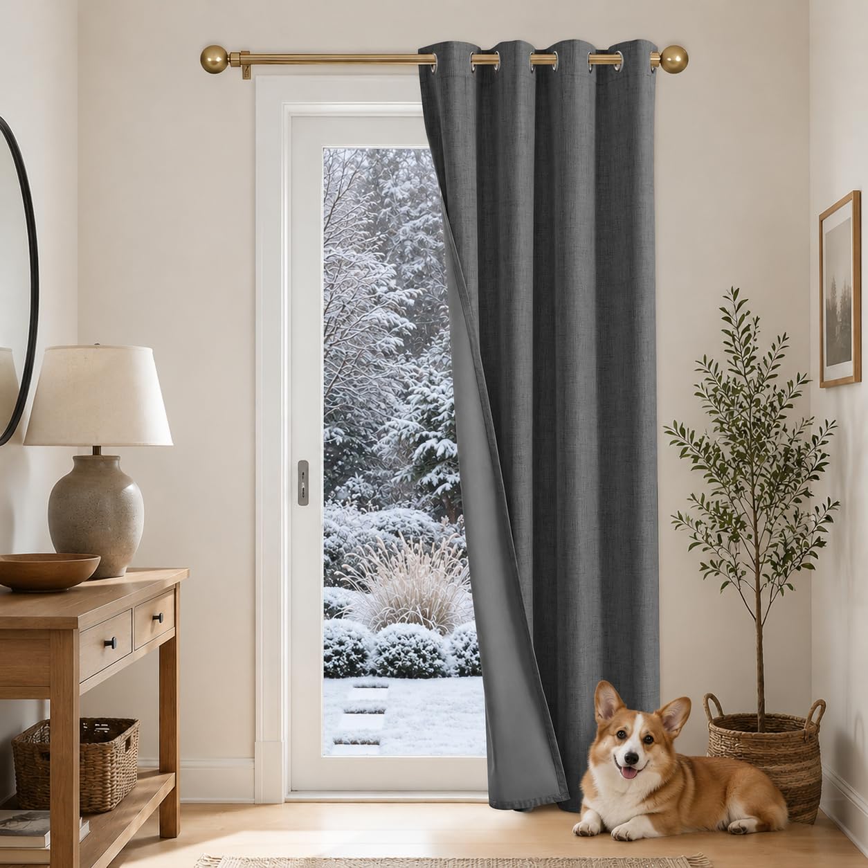 100% Rideau Occultant Lin Thermique Isolant Anti Froid et Chaleur | Aspect Lin Rideau de Porte Opaques à Oeillets, Anti UV Bruit Isolation Phonique Salon Chambre, 140x200 Lot de 1 Gris