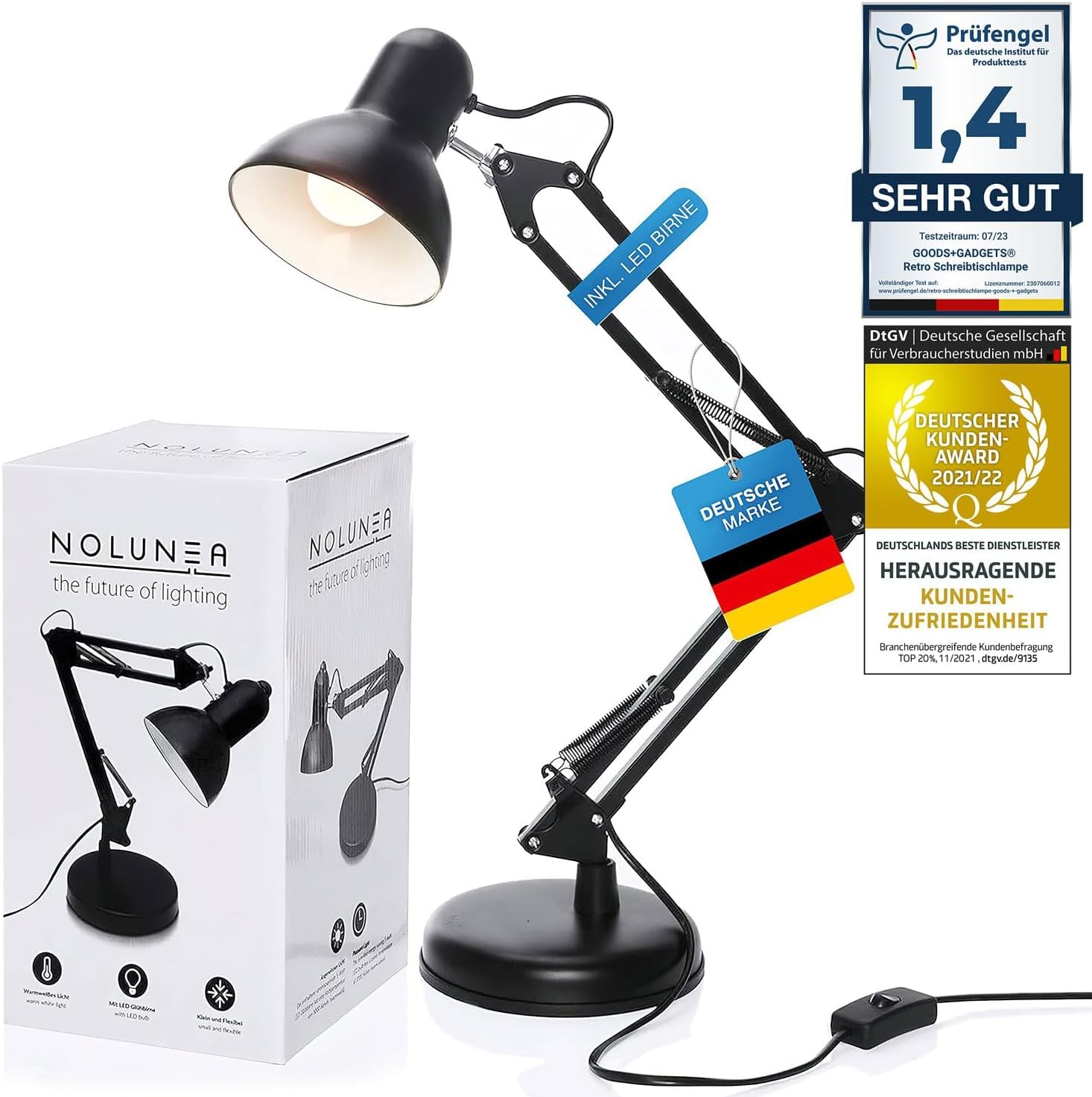 GOODS+GADGETS® Lampe d'Architecte Rétro à Bras Articulé - LED Incluse | Lampe de bureau métal laqué, triple articulation 55 cm, ampoule LED 6W/450 lm incluse - style vintage industriel