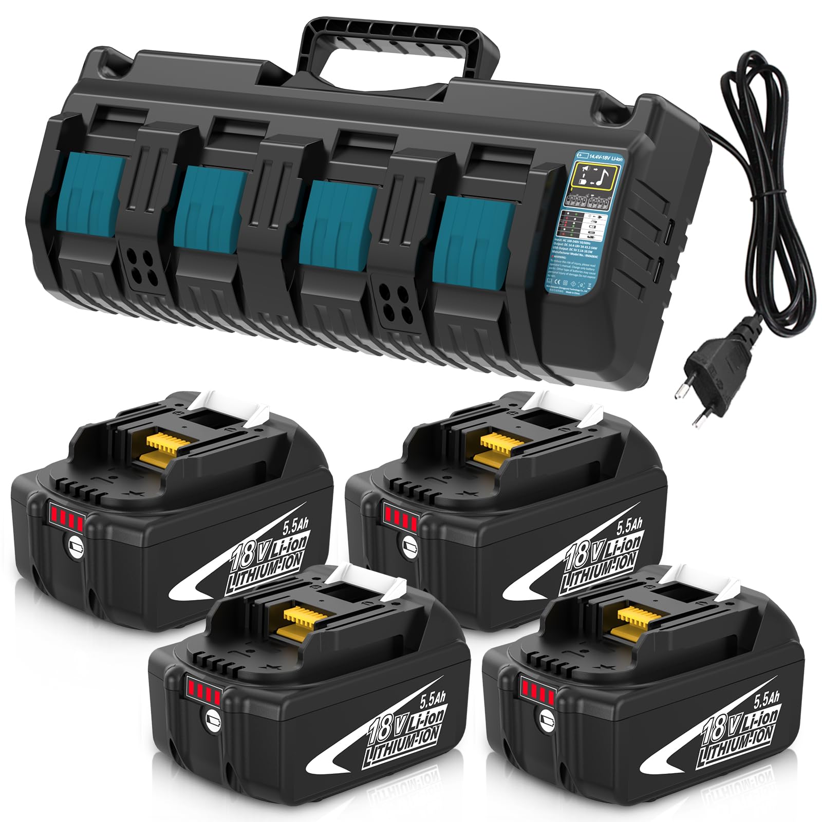 4 pièces Rechange pour Makita Batterie 18V 5.5Ah + Chargeur DC18SF | BL1860B BL1850B BL1840B BL1860 BL1830B BL1820B Compatible avec les outils 18 V de la gamme LXT avec indicateur LED